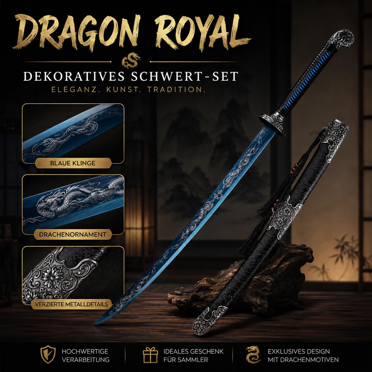 Dekoratives Samurai-Schwert Katana mit Blauer Klinge & Drachengravur, 104cm Japanisches Schwert aus Edelstahl mit ABS-Scheide, Ideal für Wanddekoration, Sammlungen und Geschenke