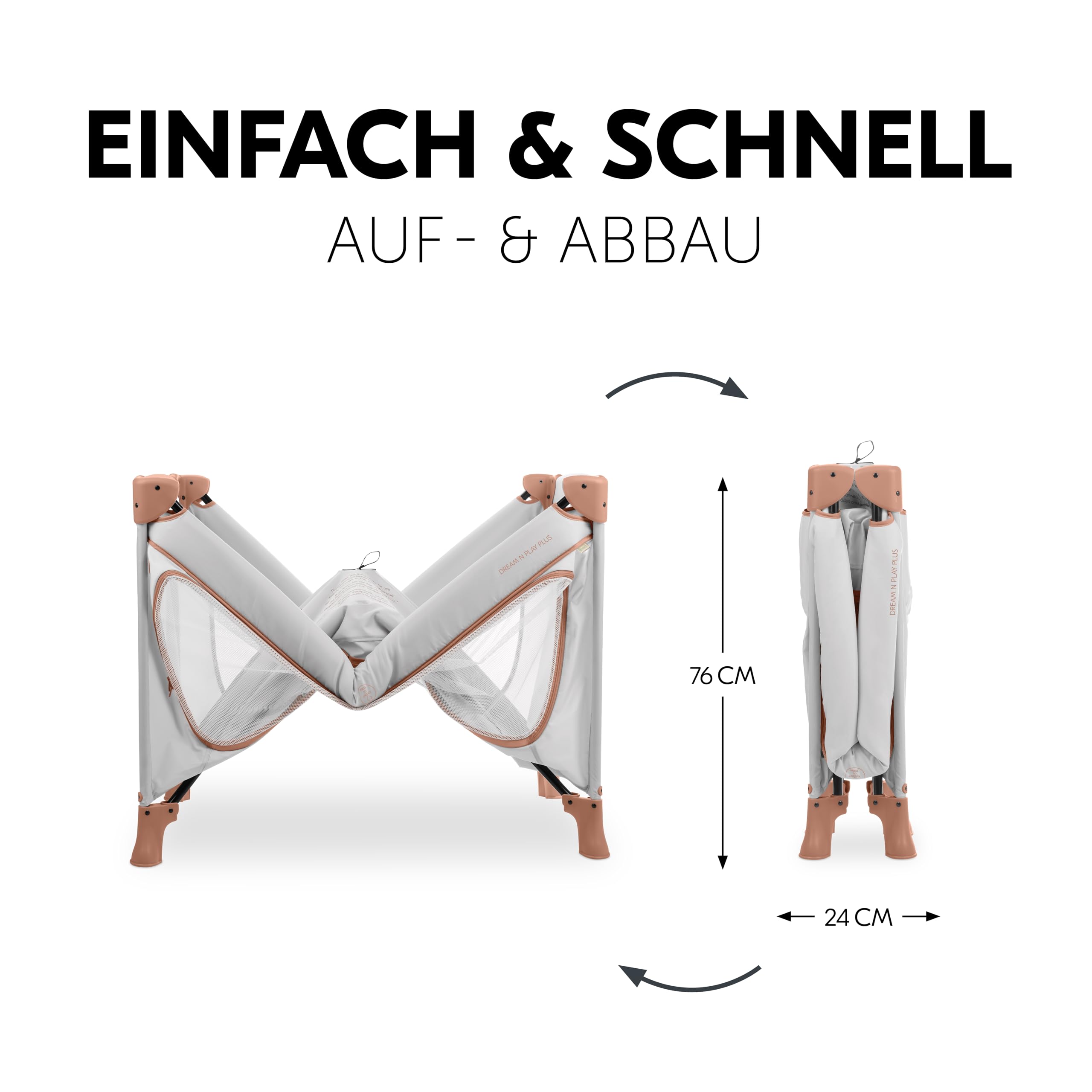 hauck Kinderreisebett Dream N Play Plus inkl. Spielbogen, Dusty Cork/Forest - ab Geburt bis 15 kg - mit XL Spiel Schlupf & Tragetasche - Leicht & Klein Zusammenklappbar