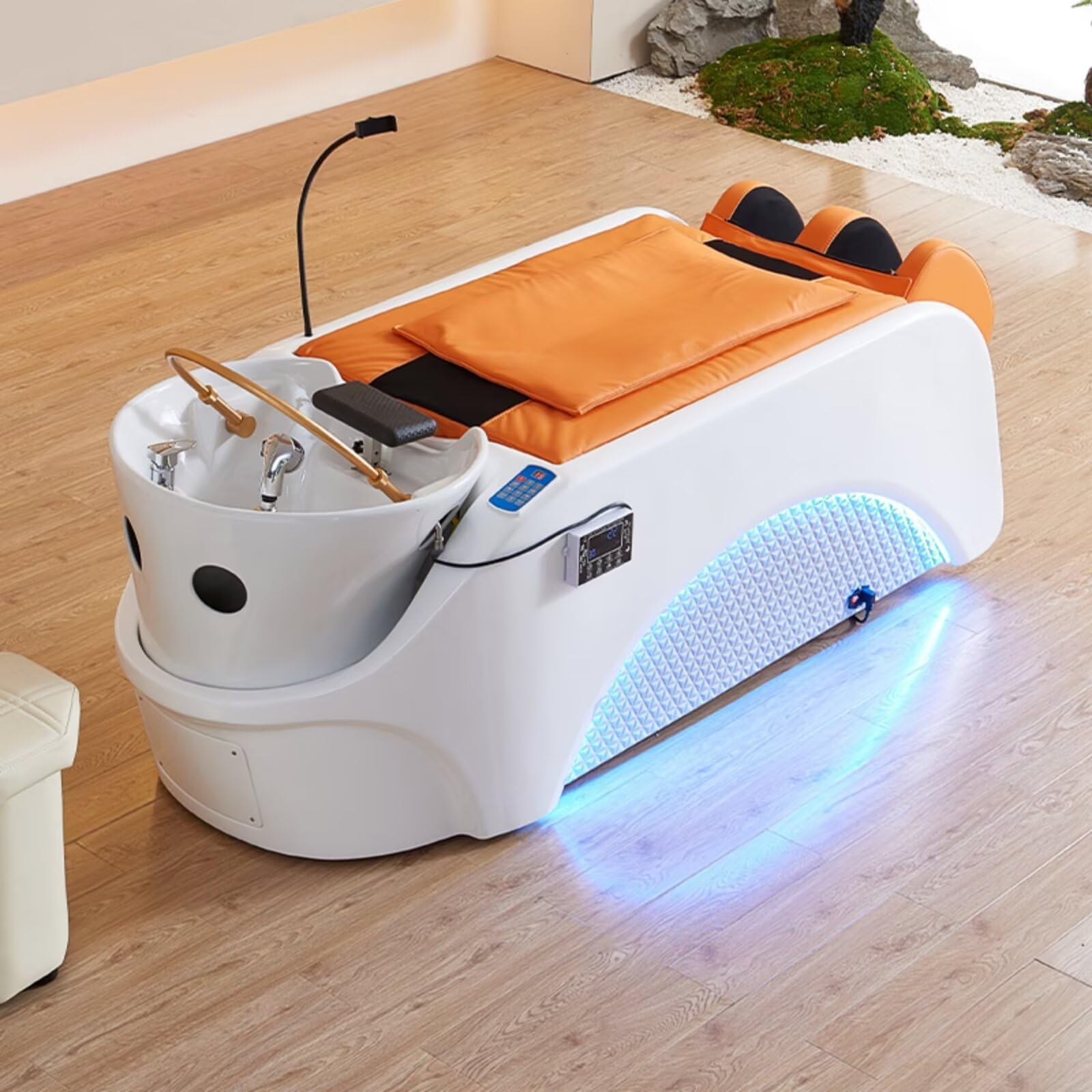 Lettino per shampoo da spa con lettino per massaggi con texture a fiocco di neve, include vaporizzatore per capelli e sistema di circolazione dell'acqua per spa per la testa e massaggio del