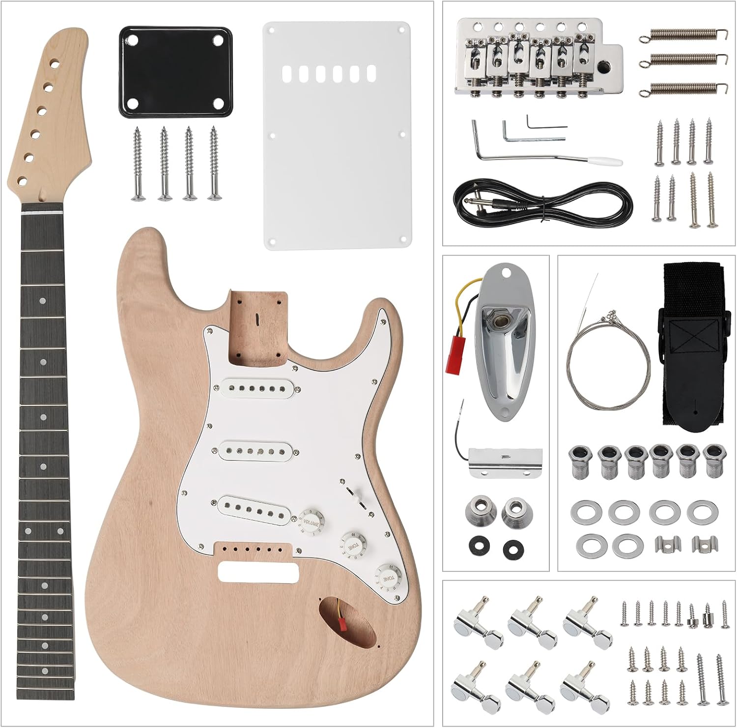 DIY Electric Guitar Kit with Mahogany Body, 6 Strings Electric Guitar Kits W/Maple Neck,SSS Pickups, Shoulder Strap, All Accessories Included