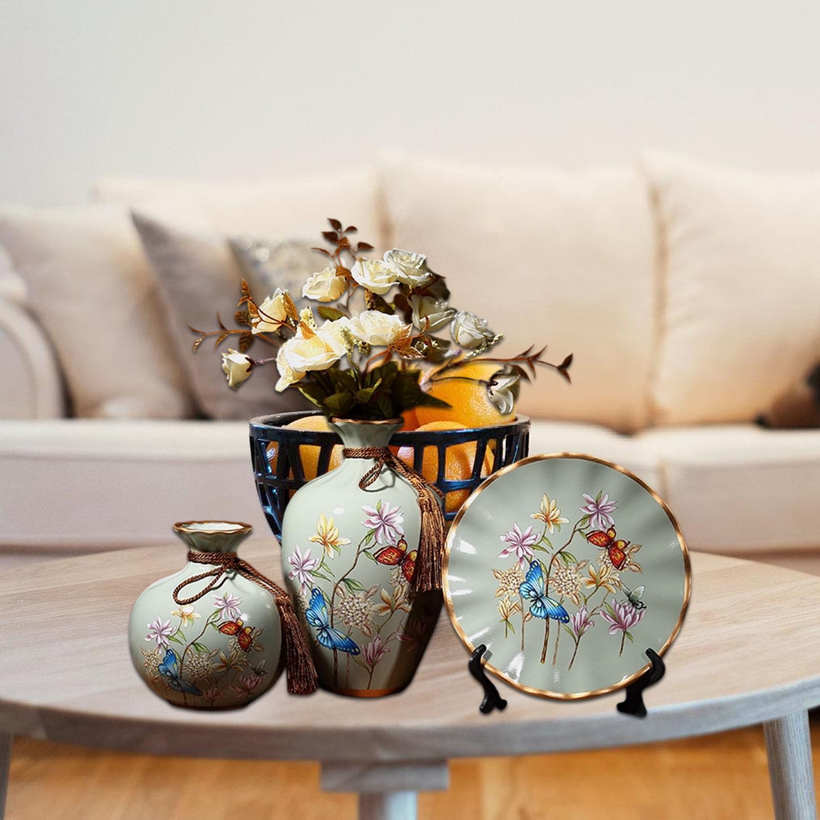 Zeitgenössisches 3-teiliges Set aus dekorativen Vasen und Tabletts, Keramik Übertopf, Couchtisch Mittelstücke, Hochzeitstag Geschenk, Keramikvasen für Blumenarrangements