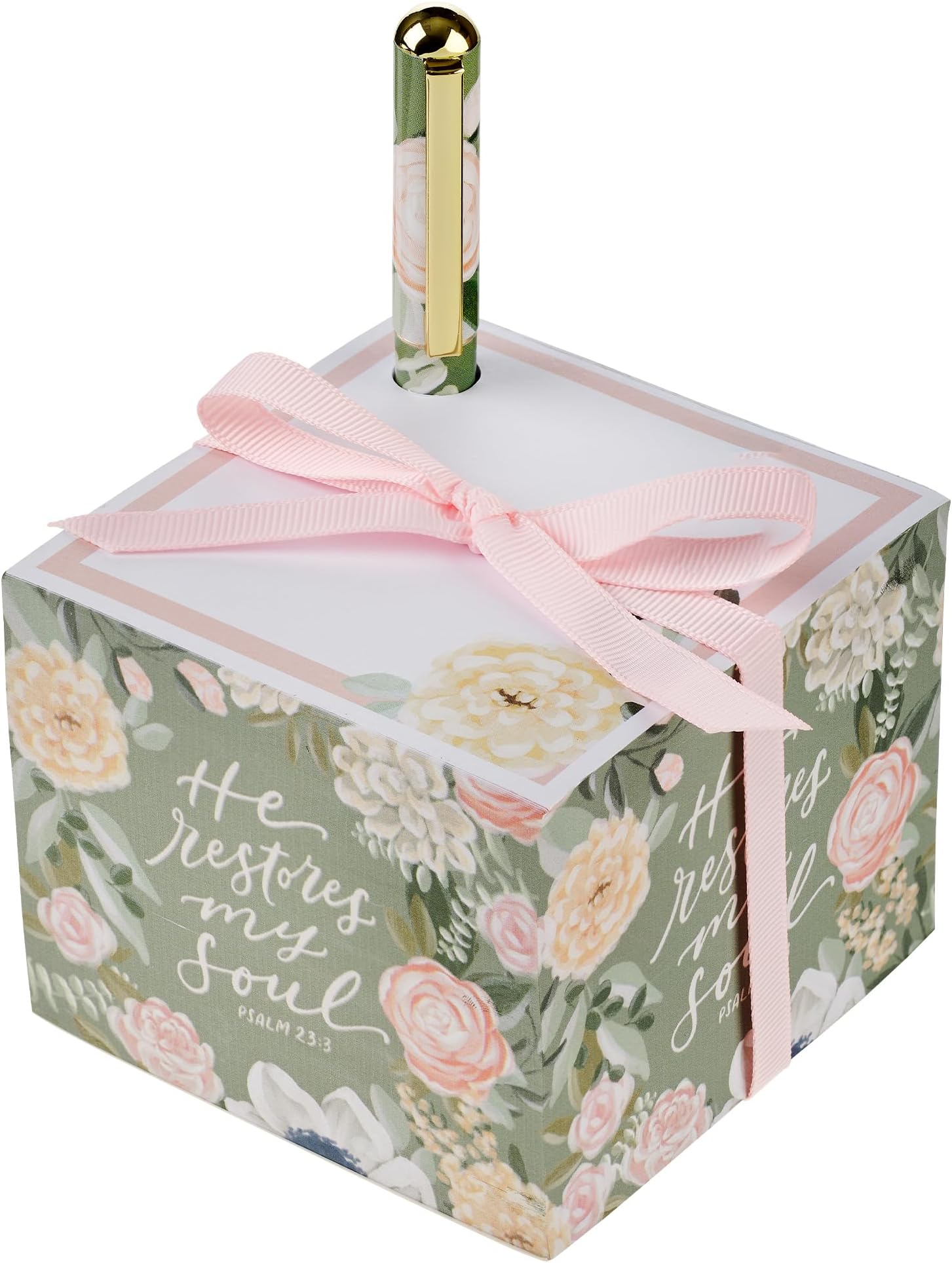 Christian Art Gifts Premium Inspiring Scripture Note Block Cube & Pen Set for Women: He Restores My Soul Encouraging Bible Verse, 750 Paper Sheets, Home & Office, White/Pink/Green Multicolor Florals