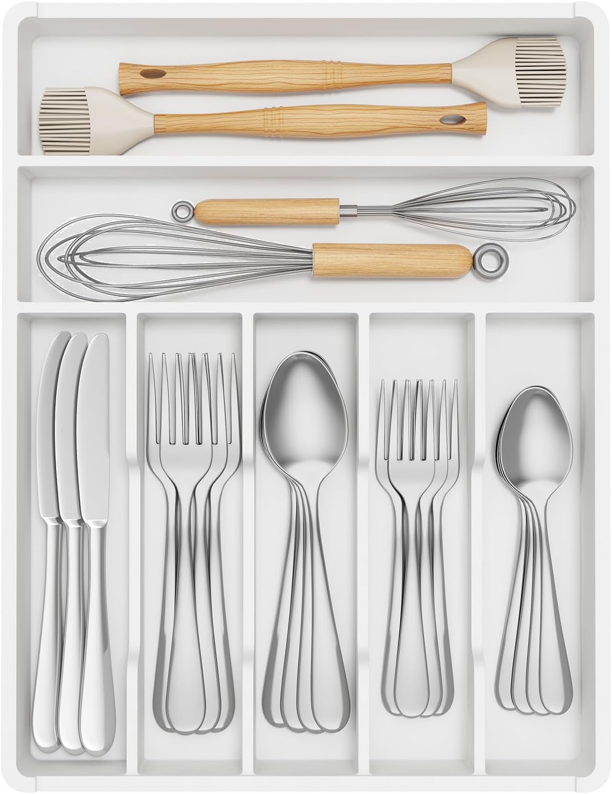Lifewit Cutlery Drawer Organiser,Plastic Cutlery Tray for Kitchen, Small Flatware Silverware Knife & Fork Organiser for Deeper Drawer, Kitchen Countertops Tableware Holder,7 Compartment, White