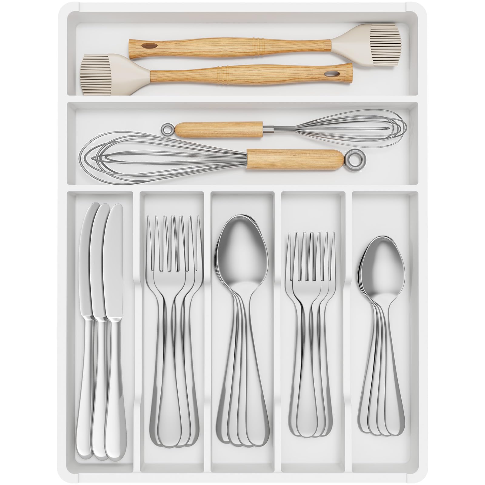 Lifewit Cutlery Drawer Organiser,Plastic Cutlery Tray for Kitchen, Small Flatware Silverware Knife & Fork Organiser for Deeper Drawer, Kitchen Countertops Tableware Holder,7 Compartment, White