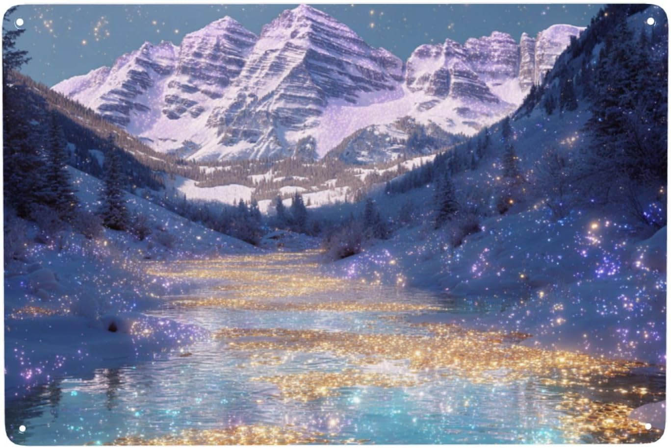Enchanted High Mountain Scene, Aurora-Like Glow, 6x8 Inch Chic Artistic Tinplate Poster Plaque, Great For Living Room And Study Studio Library, Modern Aesthetic Art,Easy To Hang