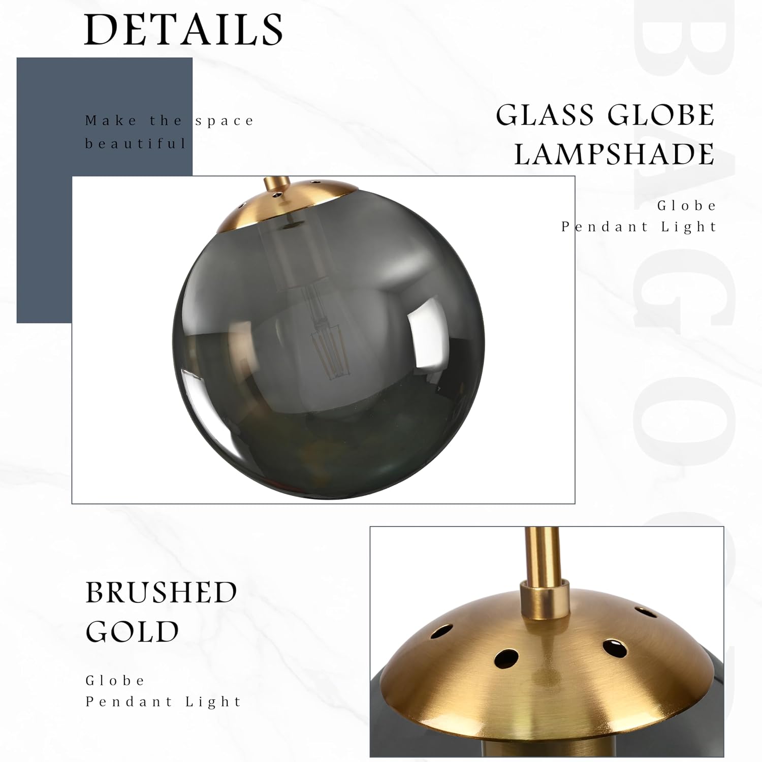 Bagood 10 Inch Globe Pendant Light Gold Globe Pendant Lights Kitchen Island Mid Century Light Fixture with Gray Clear Glass Contemporary Adjustable Hanging Lights for Dining Room (Bulb Included)