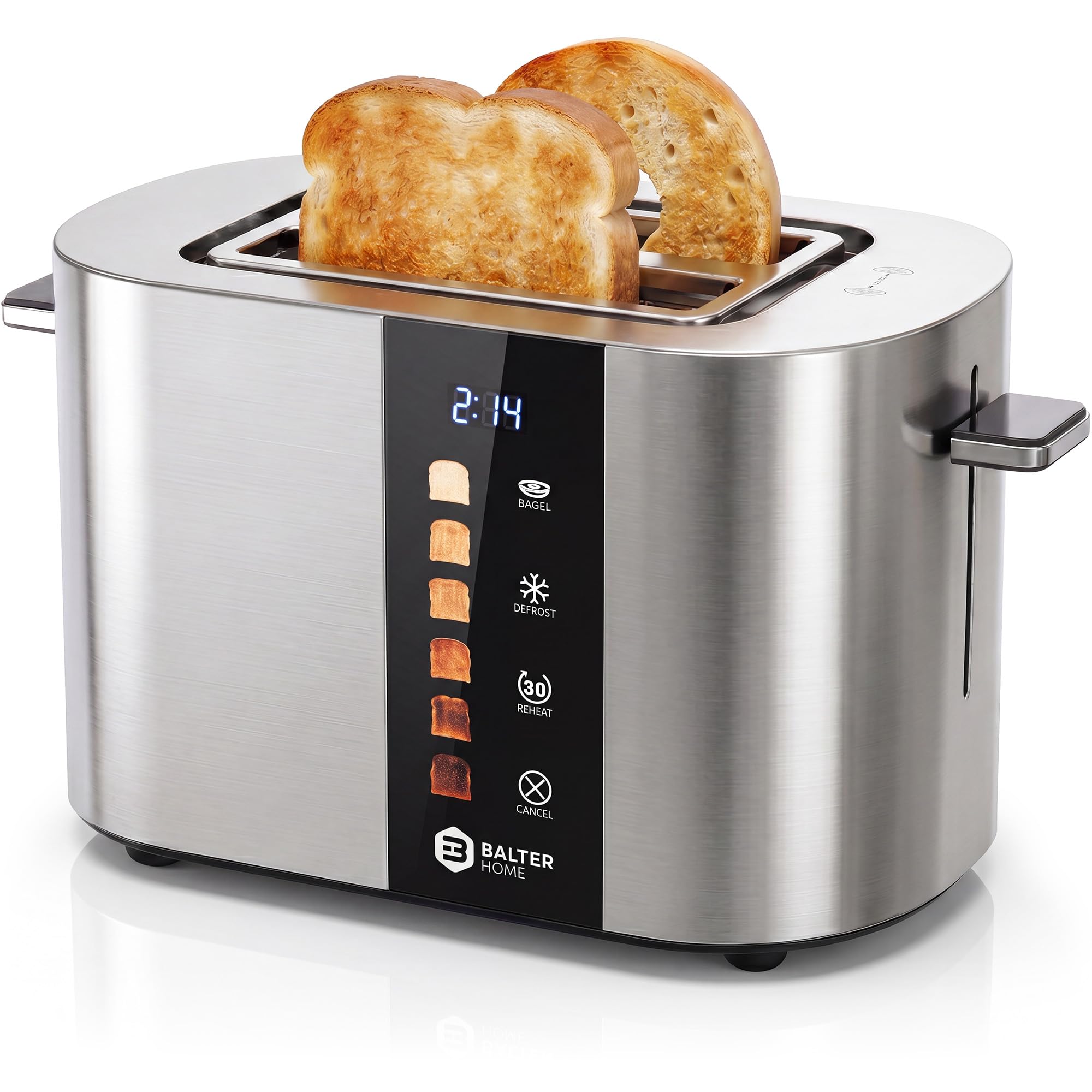 Balter Toaster 2 Slice, Bagel Function, Stainless Steel, Touch Screen, Built-in Rack, Extra-Wide 1.5" Slots for Thick Breads &amp; Bagel, Timer, BPA-Free, Removable Tray