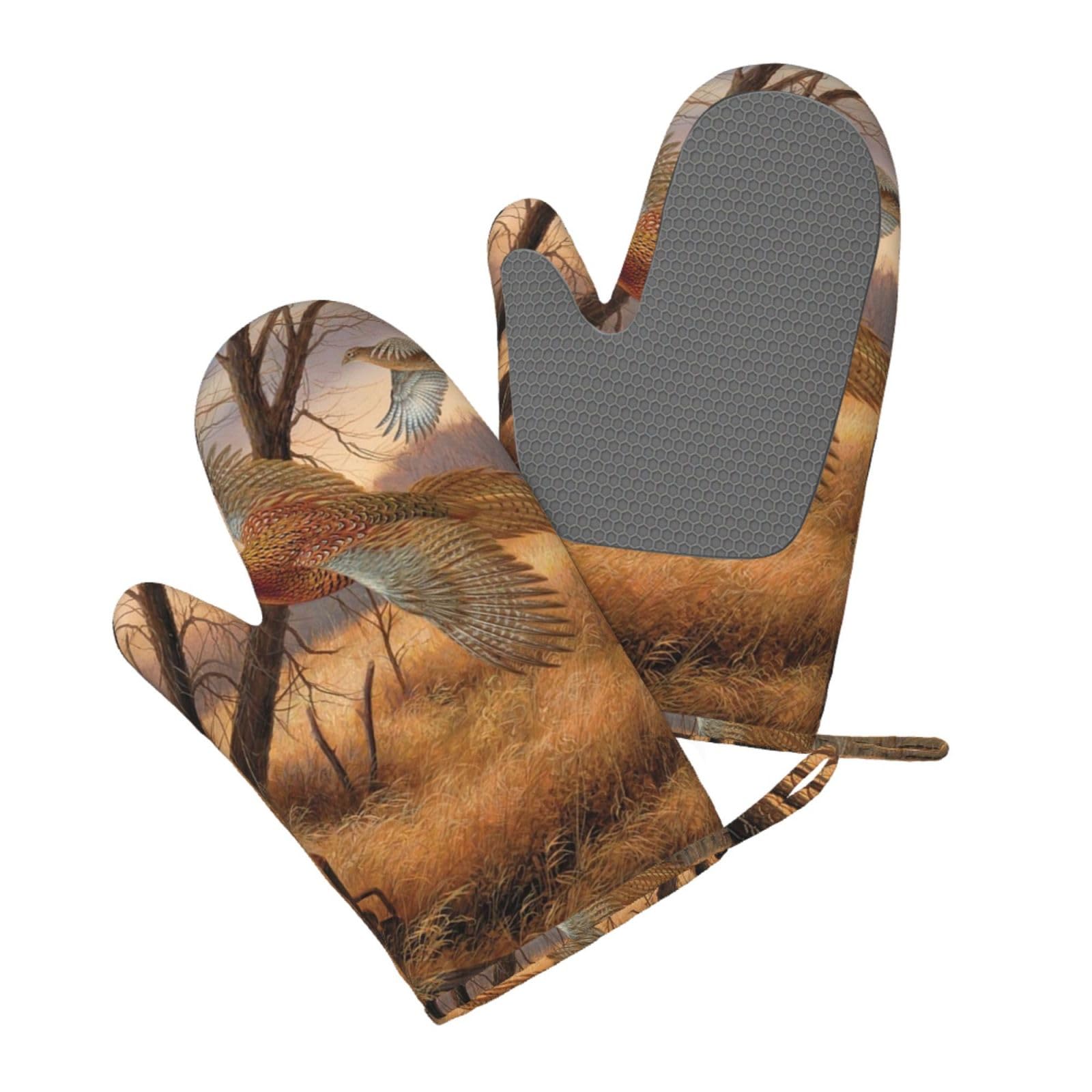 Aqrjlpo Women's Pheasant Hunting Silicone Oven Mitts Set 2Pcs, Printed Heat Resistant Non-Slip Silicone Oven Gloves For Kitchen Cooking Baking Microwave