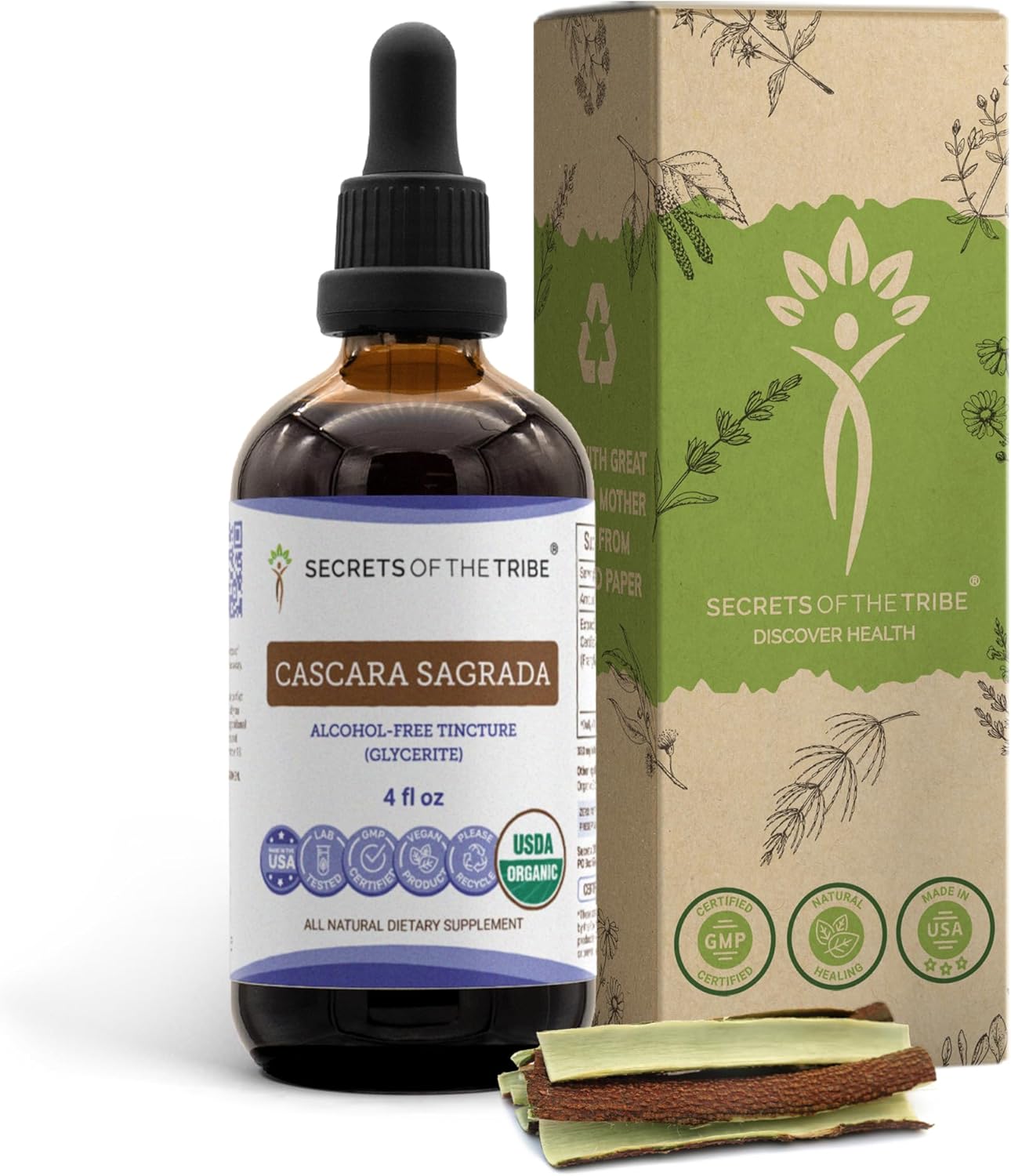Secrets of the Tribe Cascara Sagrada Tincture Alcohol-Free Liquid Extract, Responsibly farmed Made Cascara Sagrada (Frangula purshiana) Dried Bark (2 FL OZ)