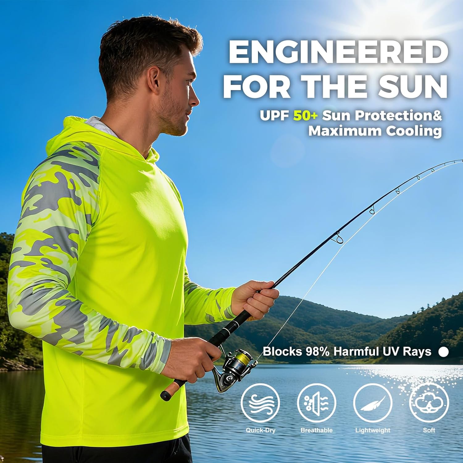 Men's Fishing Shirt with Hood,UPF 50+ Sun Protection Hoodie Camo Long Sleeve Shirts High Visibility Safety T Shirt - Image 4