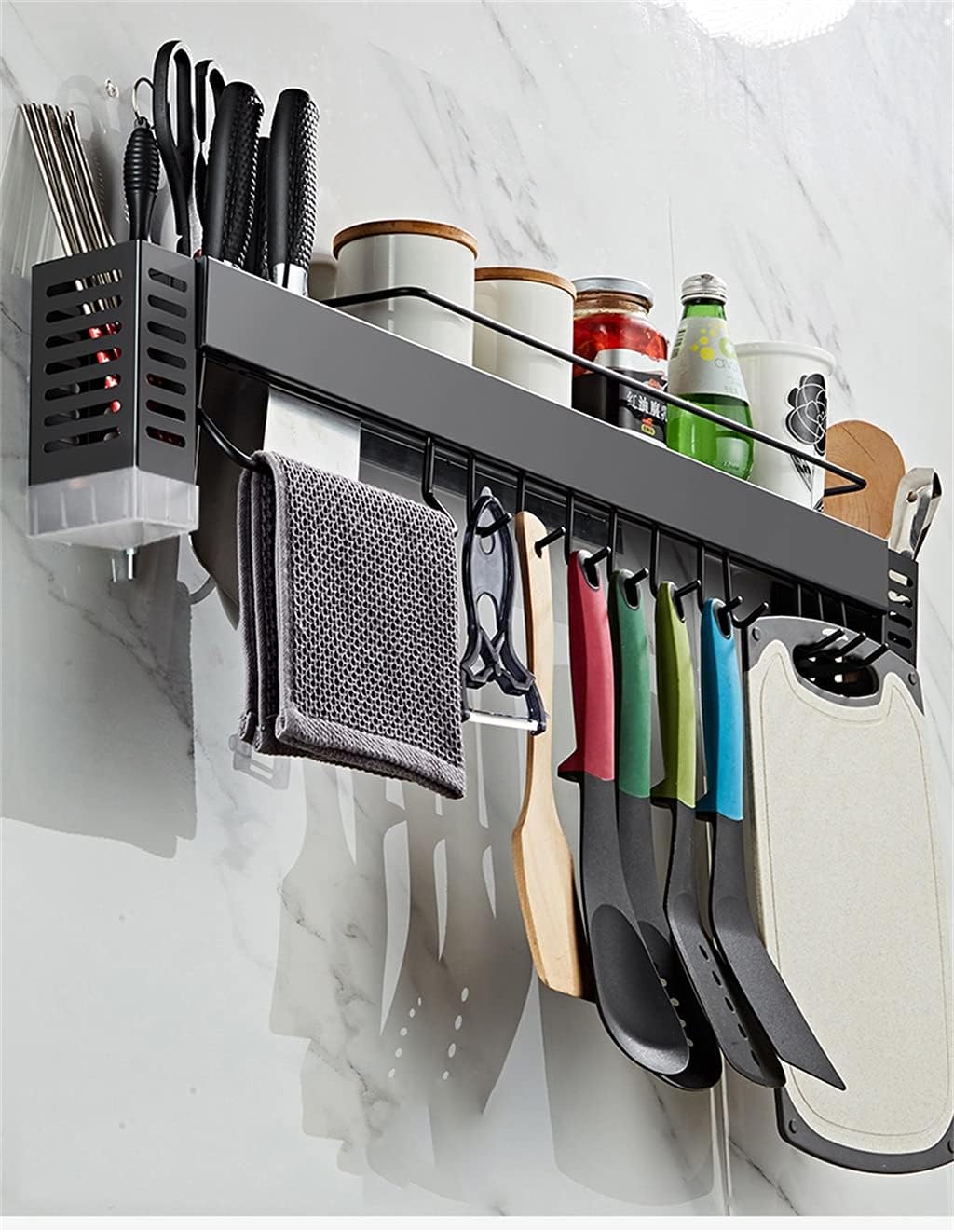 Multifunctional Kitchen Hook Rack Hanging Rod Wall-Mounted Stainless Steel Shovel Spoon Hook Rack Free Perforation in A Row(D)