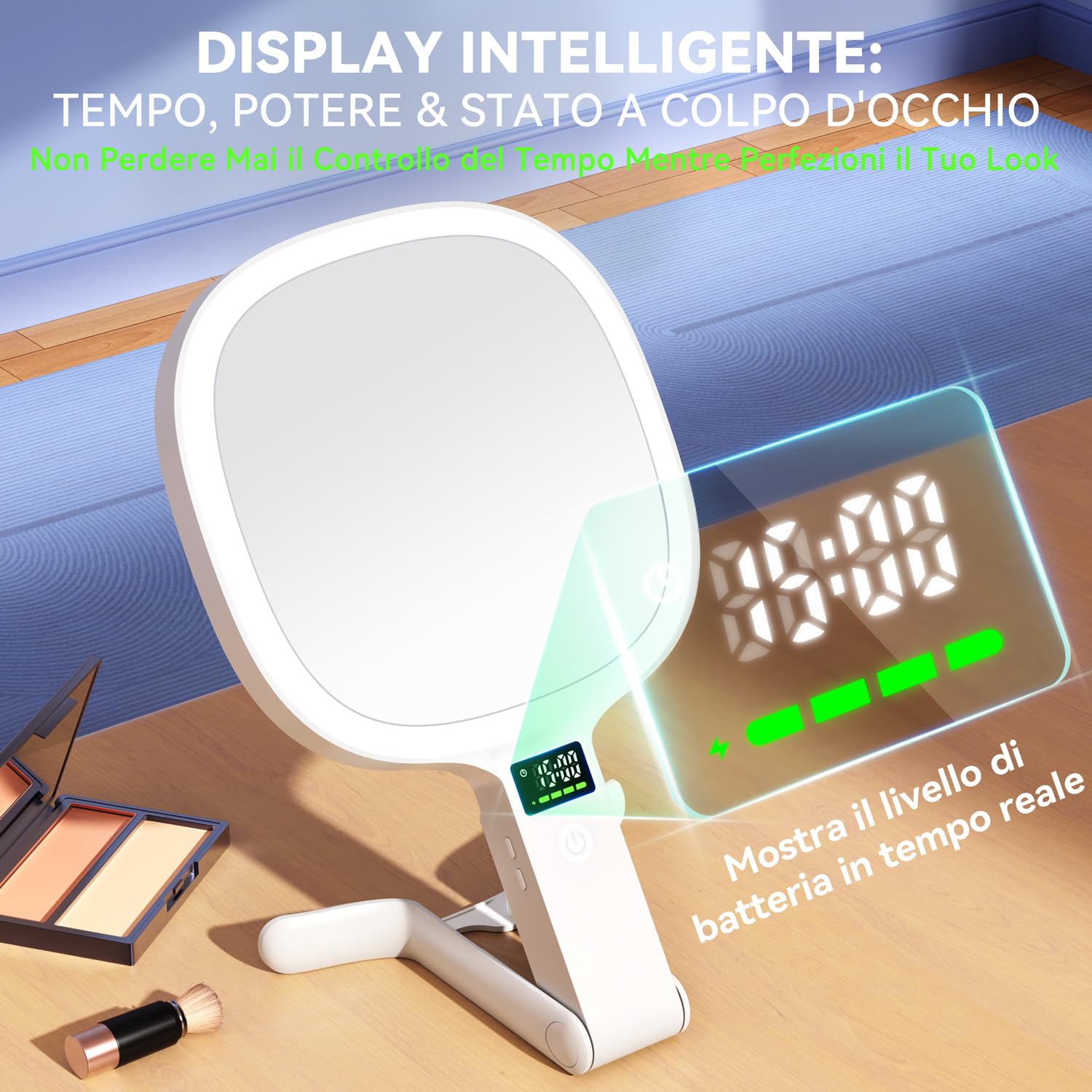 Auxmir Specchio Ingranditore Bifacciale 30X/1X Visualizza Tempo Intelligente, Specchio Trucco con Luci LED a 3 Colori Regolabile, Specchio da Tavolo Pieghevole a Mano e Appeso, Ricaricabile da Viaggio