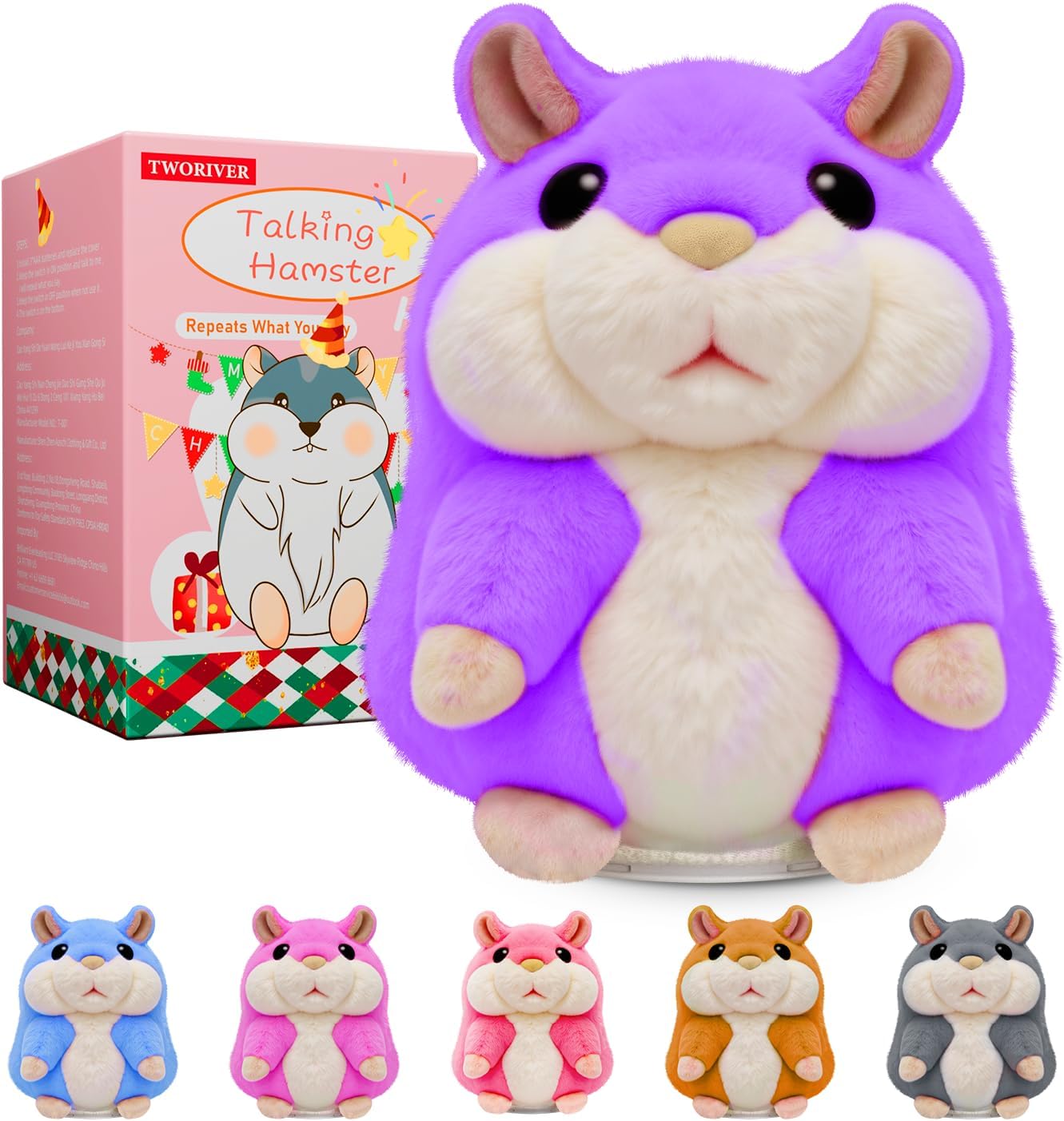 TWORIVER Talking Hamster Toy, Repeats What You Say, Interactive Plush Toy for Toddlers, Voice Mimicking Learning Toy, Toys for Ages 2-4, Birthday Gift for Baby Boys & Girls (Purple)