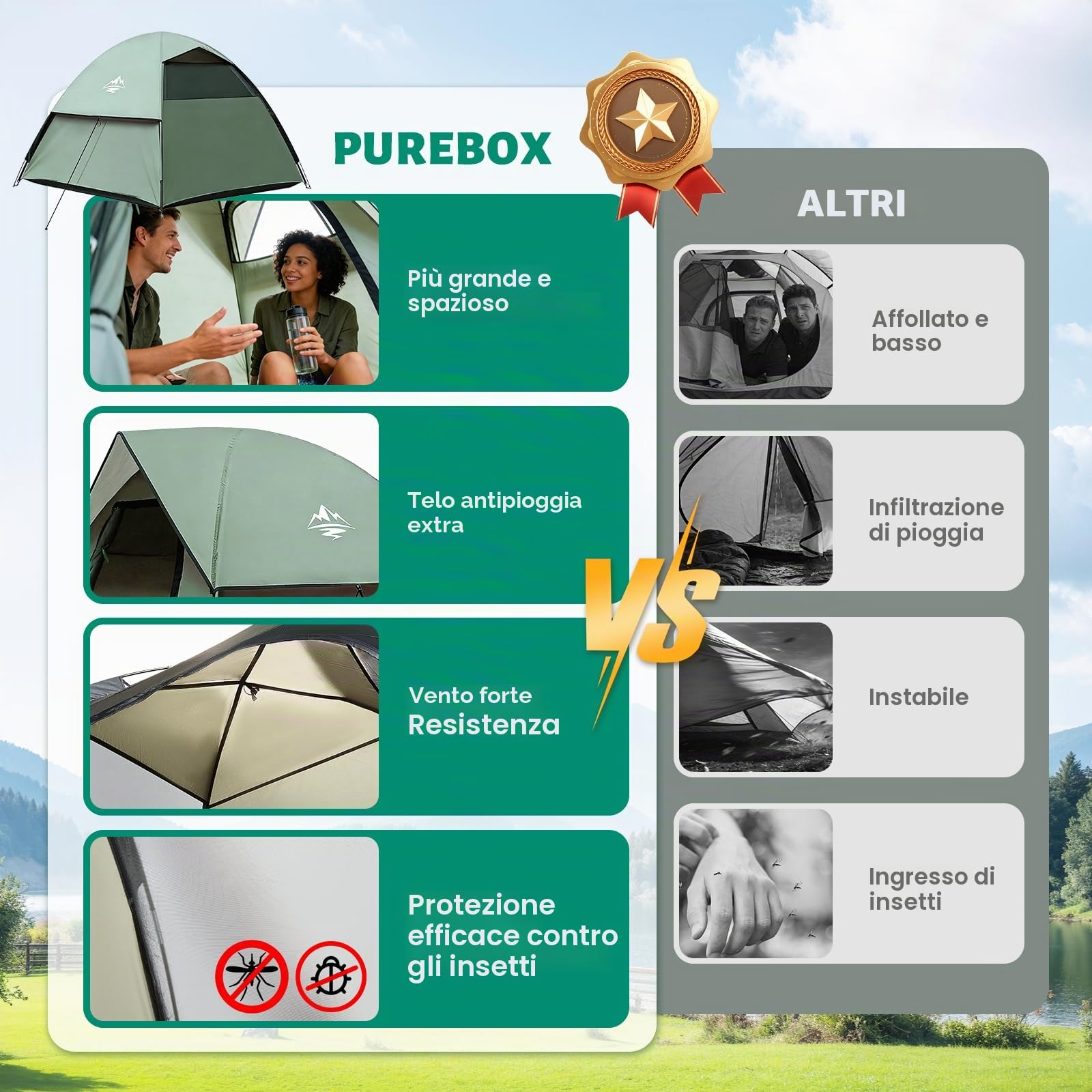 Tenda da campeggio per 1-3 persone, ultraleggera, doppio strato impermeabile e antivento, con ingombro ridotto per campeggio, giardino, escursionismo, trekking e famiglie (Verde esercito)