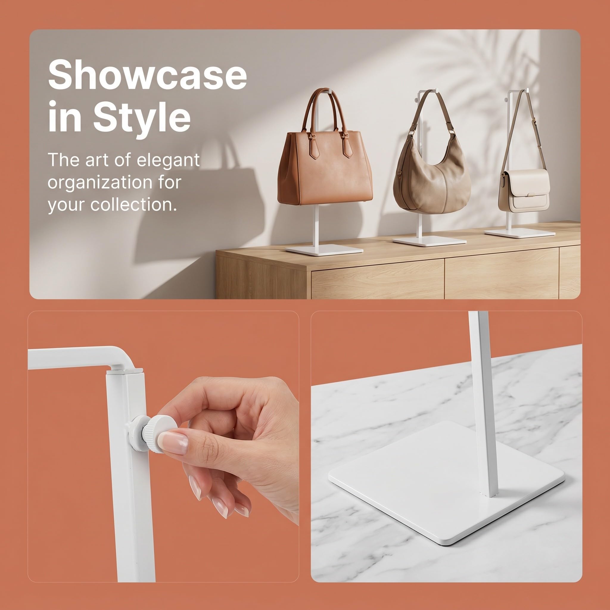 Artibetter 3 percheros metálicos para bolsos, soporte de exhibición para bolsos con altura ajustable, organizador de con gancho para mesa o mostrador.
