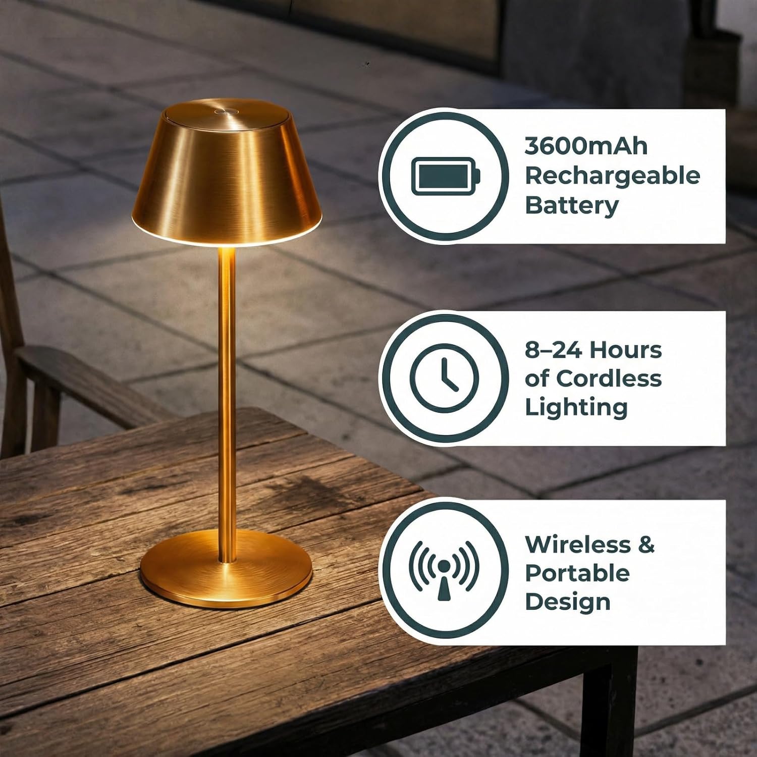 Gold Cordless Table Lamp, Premium All-Metal Brushed Wireless Rechargeable Lamp with Long Battery Life, No Assembly Accent Light for Dining Table, Living Room, Patio, Cafe & Bar