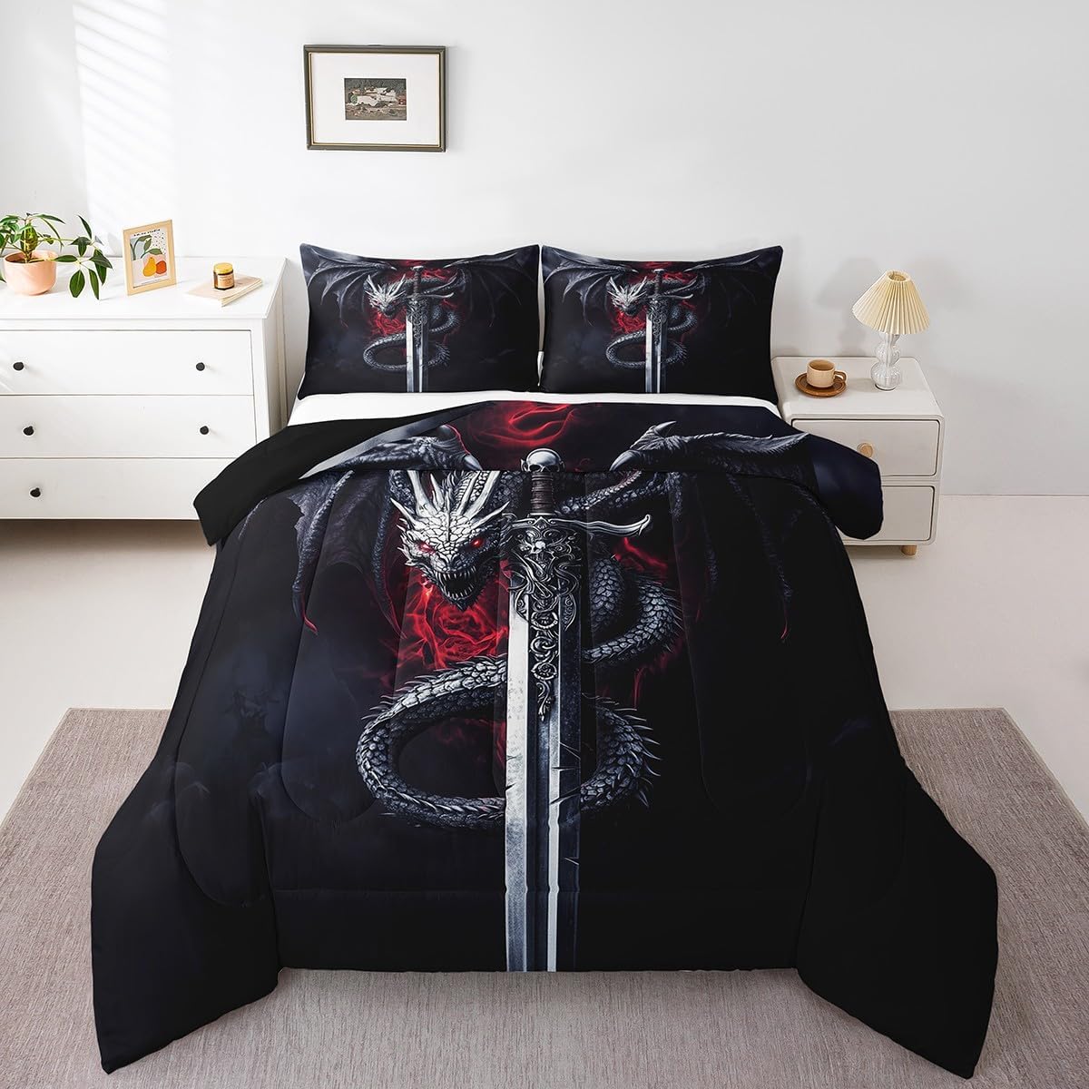 Castle Fairy Black Dragon Bedding Set Full Size,Dragon Sword Comforter Set 3Pcs for Kids Girls Boys Teens Room Decor,Western Magical Animals Quilt Set Ultra Soft Dark Red Duvet Insert,2 Pillowcases