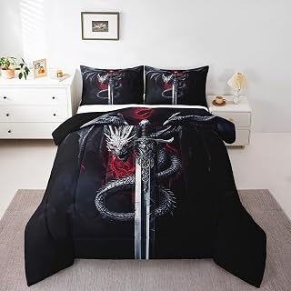Castle Fairy Black Dragon Comforter Set Queen Size,Dragon Sword Bedding Set 3Pcs for Kids Girls Boys Teens Room Decor,Western Magical Animals Quilt Set Ultra Soft Dark Red Duvet Insert,2 Pillowcases