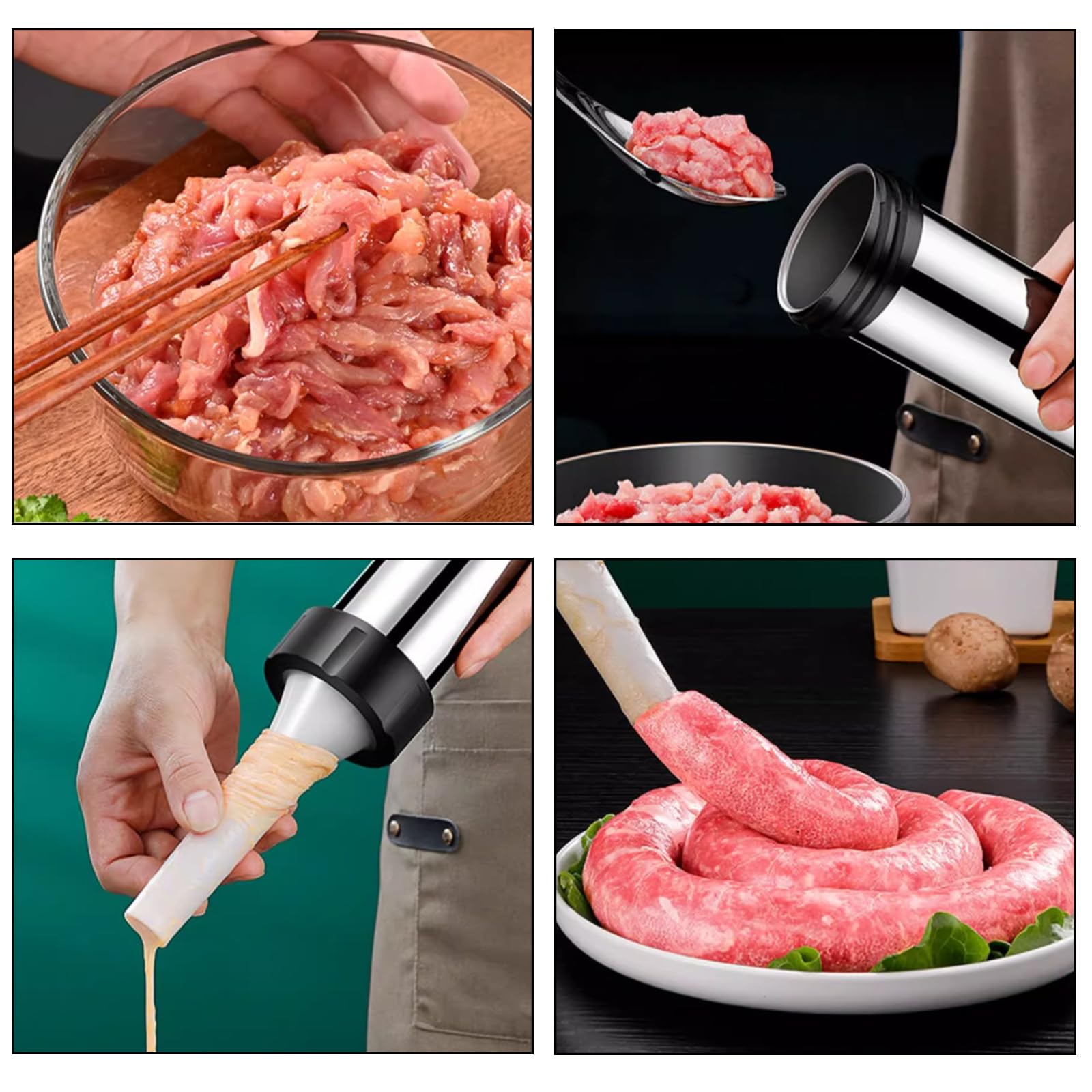 Xinlie Embutidos Manual de Acero Inoxidable Herramienta para Rellenar Salchichas Herramienta de Llenado de Salchichas con 4 Boquillas Domésticas,Adecuado para Cocinas Domésticas,Cocinas de Bricolaje