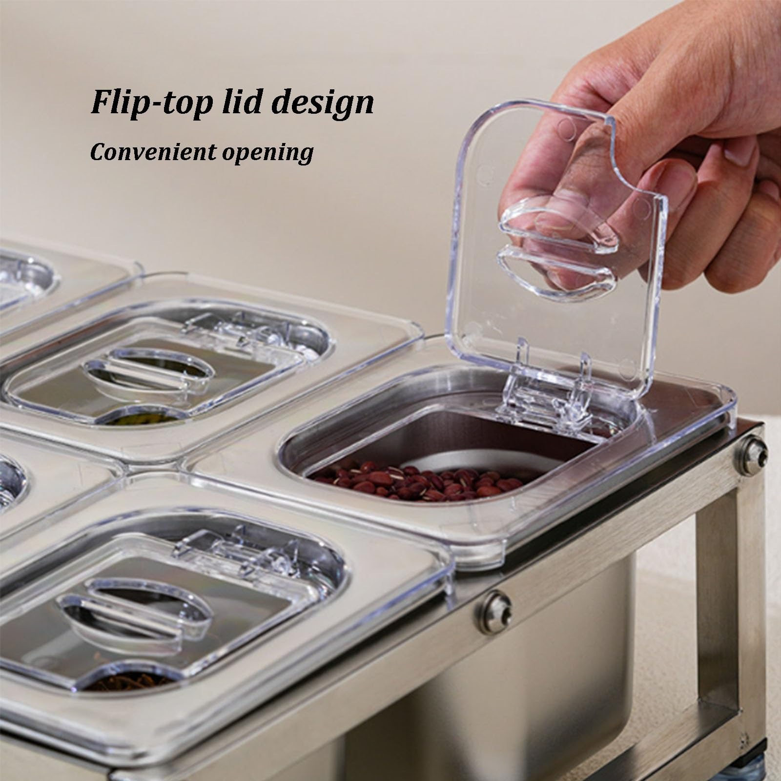 Stazione per pizza a 3 livelli in acciaio inox con cucchiaio, altezza regolabile e vassoio antiscivolo per condimenti, frutta, verdura e salsa