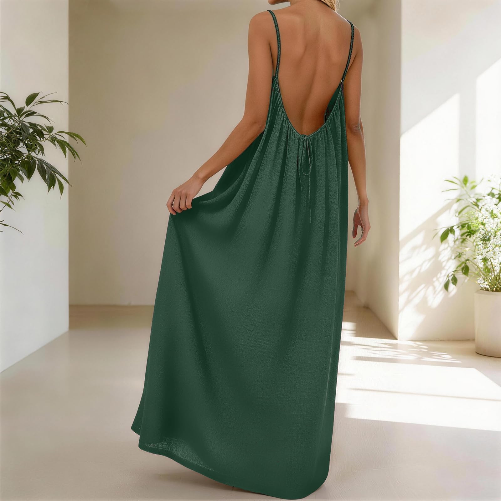 nnOuOnn Vestido camisola sin espalda para mujer, verano 2026, sin mangas, largo, casual, vestido de verano para mujer, vestido de descanso con espalda abierta, para vacaciones, playa, casa, color