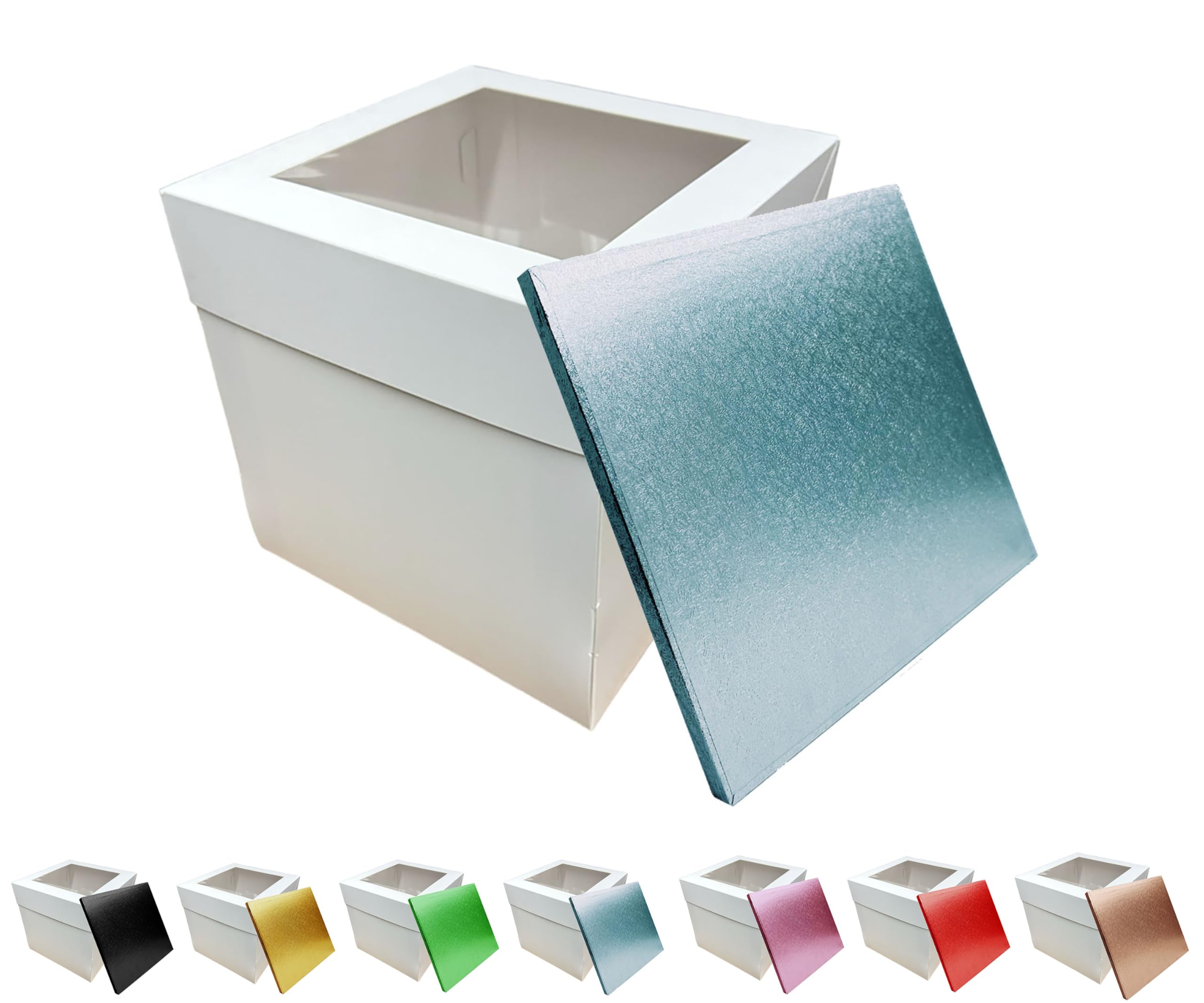 LARRYROO Tall White Cake Box Extra Deep with Clear Display Window & Vibrant, Colourful Square Cake Drum Board Combo (Light Blue, 10 Inch)