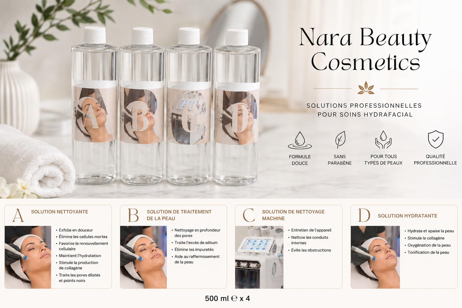 Kit Solutions pour machine Hydrafacial, 4 x 500 ml, Solutions de Nettoyage, Traitement, Hydratation et Entretien Machine - Nara Beauty Cosmetics