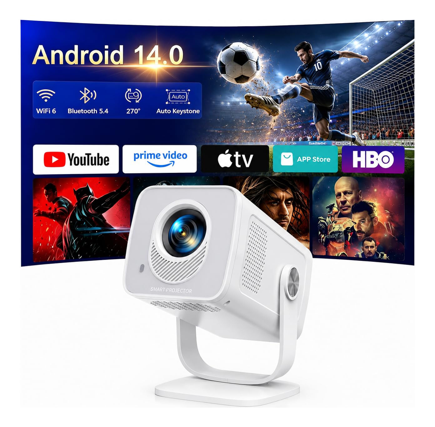 Proyector Portátil【Android 14.0 & App Integrada】 Proyector 4K/1080P Soporte Tiro Corto, Auto Keystone, WiFi 6 Bluetooth 5.4, TOPTRO MiniProyector Rotación 270° con Soporte Incluido para Cine en Casa