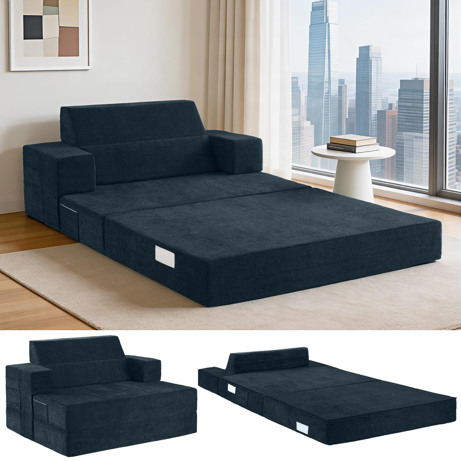 Fantico Folding Sofa Bed Single – Convertible Chair Bed with Pillow & Armrests, Foldable Futon Mattress with Angled Back Support, Boneless Sofa Bed for Living Room and Bedroom, Blue