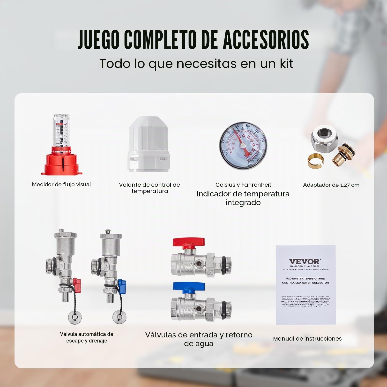 VEVOR Colector de Calor radiante de 7 Derivaciones, Colector de Tubería PEX de Acero Inoxidable SUS304 para Calefacción por Suelo Radiante Hidrónico, con Adaptadores, 540 x 370 x 110 mm, 0-5 L/min