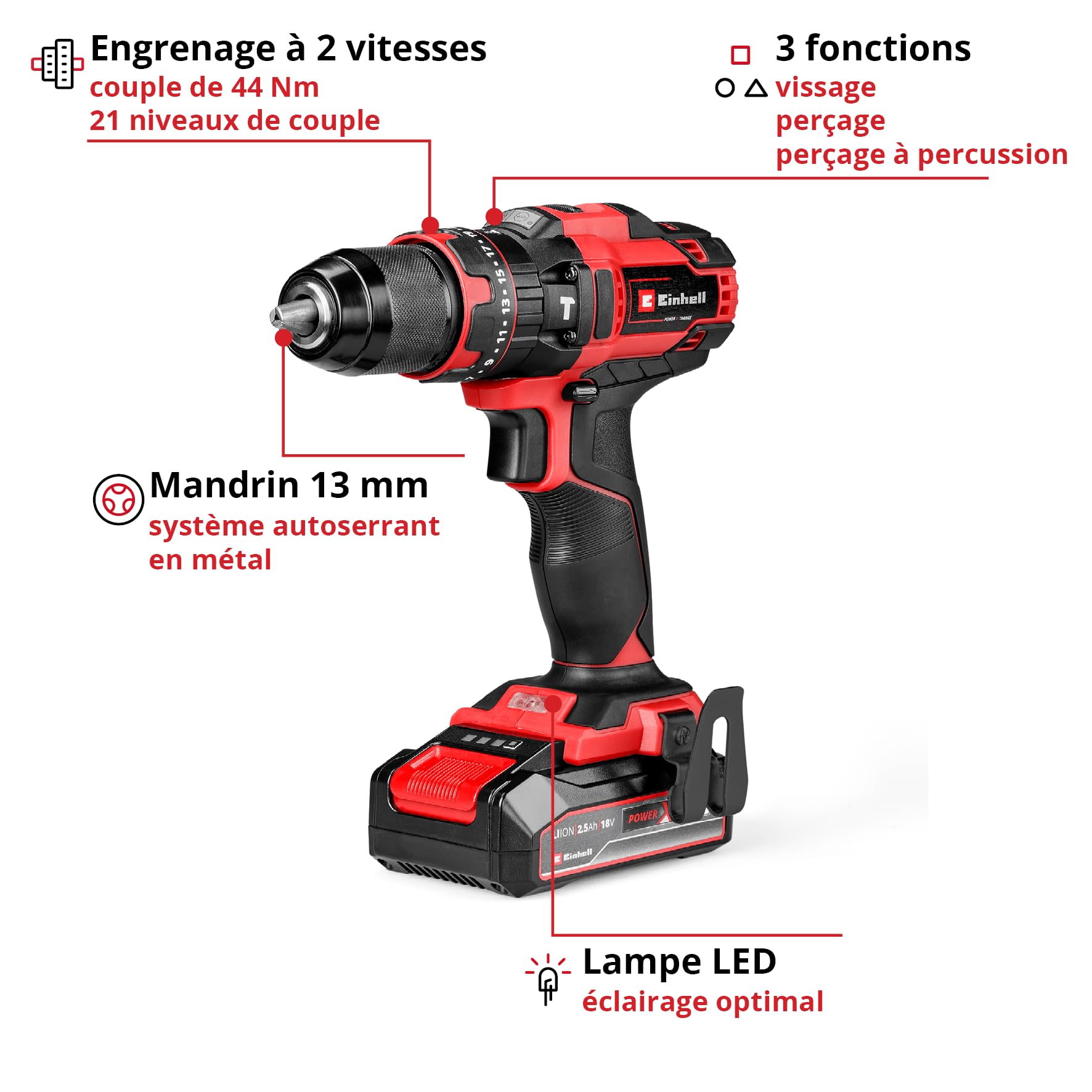 Einhell Perceuse-visseuse à percussion sans fil TE-CD 18/44 Li-i (1 x 2,5 Ah) Power X-Change (18 V, 44 Nm, perçage à percussion, mandrin métallique 13 mm, 2 vitesses, avec batterie 2,5 Ah et chargeur)