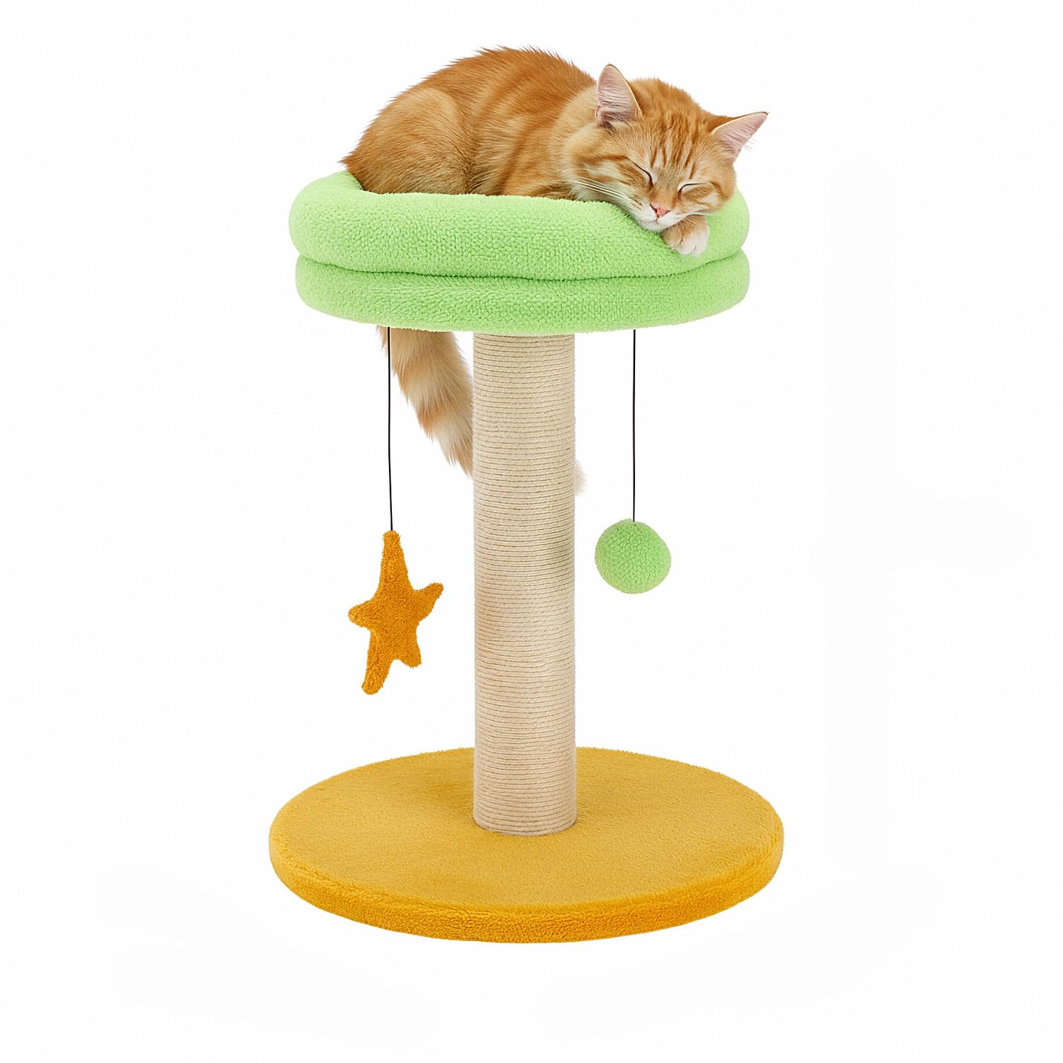 AMAZON BASICS Colorful CAT Tree with Scratcher Post | Two-Tone Green & Yellow Pillars with Star Toy & Hanging Ball for Playful Indoor Cats | 50 CM.-image-25