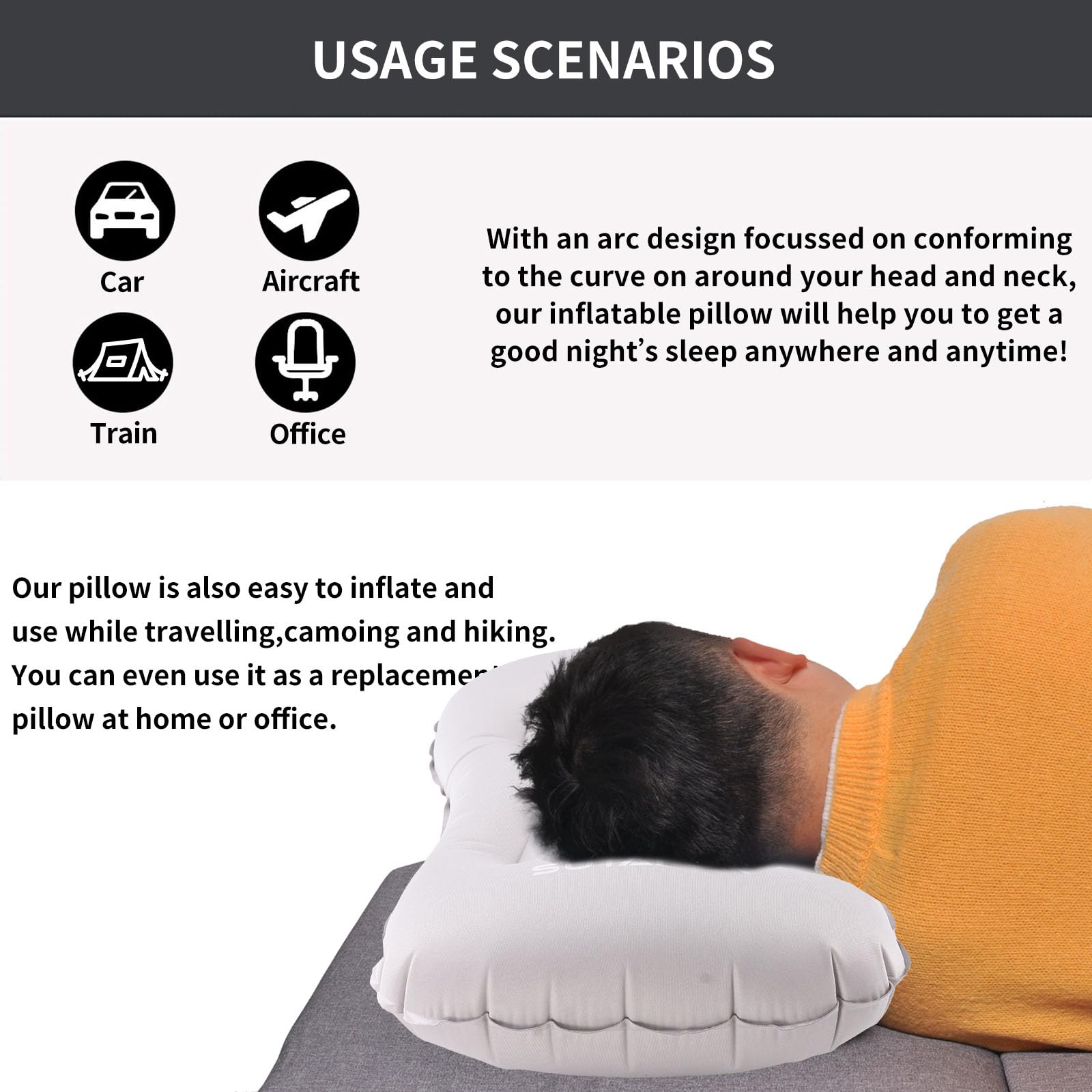 2X Almohadas Hinchables de Playa Ultraligera 73g, Almohada para Camping TPU, Cómodo y Portátil Almohada de Viaje Inflable (Gris)