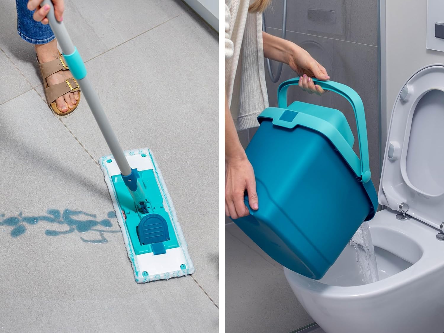 Leifheit Set Power CLEAN, Wischer,rückenschonender Bodenwischer mit Reinigungsklingen, Wischtuchpresse, Wischmopp Set mit Eimer und 2X Mikrofaser Wischbezüge für alle Hartböden, Click-System