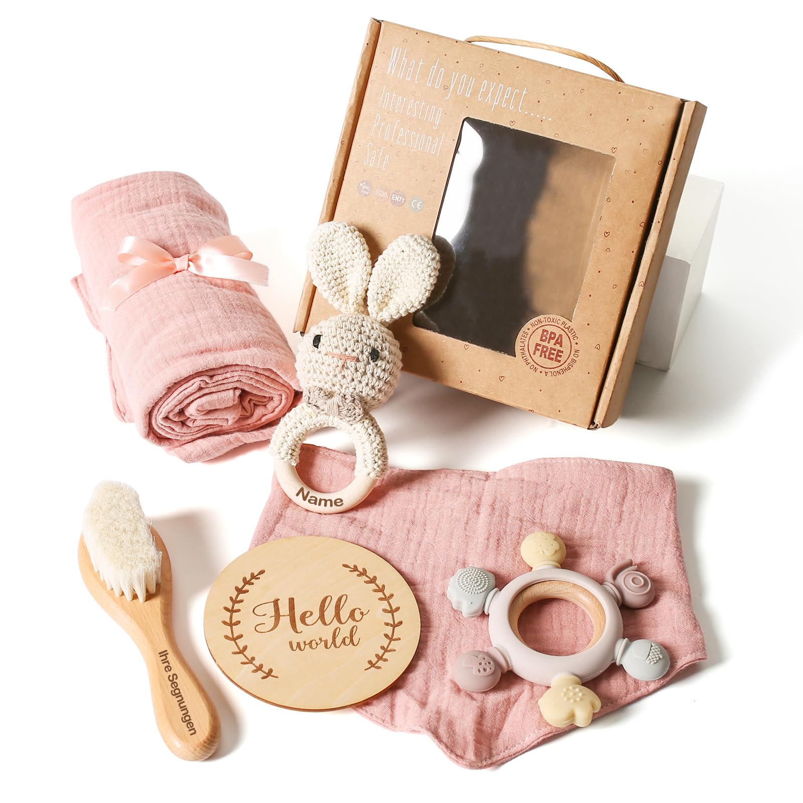 Baby Geschenk Mädchen Set (kann graviertund gesegnet werden) Neugeborenen Geschenk zur Geburt Babyparty Geschenk Holz Spielzeuge Greiflinge Badetuch Meilenstein Babydecke Foto Requisten (Rosa)