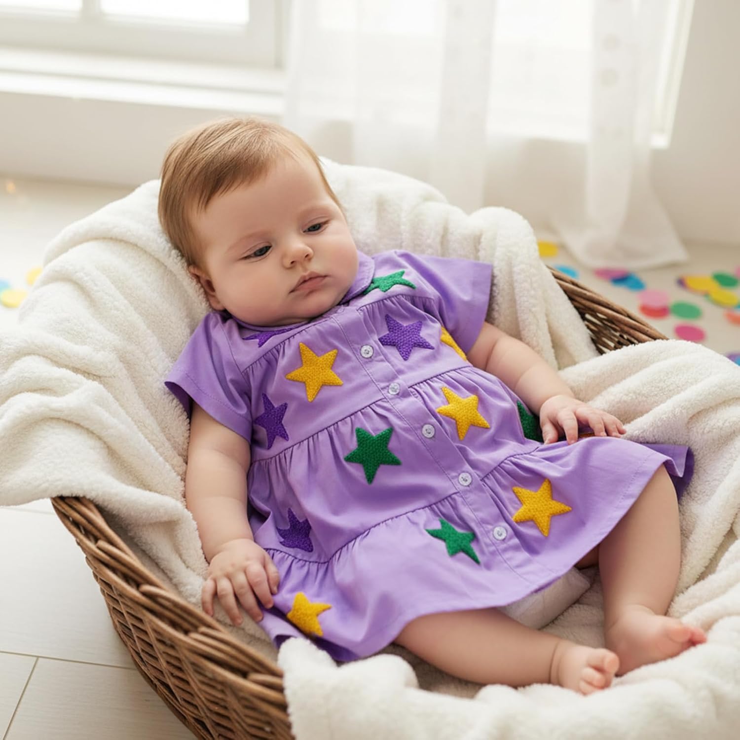 Toddler Baby Girl Mardi Gras Outfit Smocked Dress Crown Mask Plaid Short Sleeve A Line Dresses Carnival Clothes - Image 3