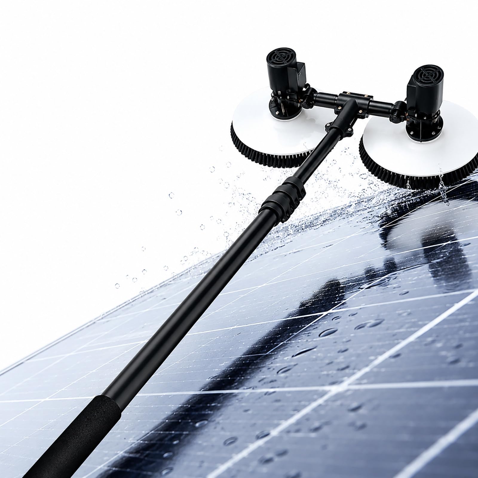 vnmudzeo Dual Brush Solar Panel Cleaner – Electric Rotating Photovoltaic Cleaning Machine with Telescopic Pole and 20m Water Hose for Rooftop Panels 3.5m(11.5ft)