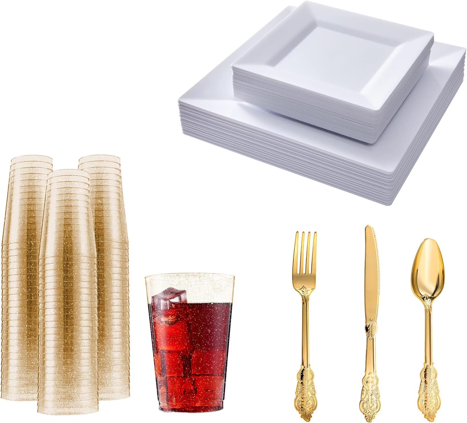 N9R 300PCS Gold Plastic Silverware+100 Pack Gold Plastic Cups+60 Pack White Plastic Plates