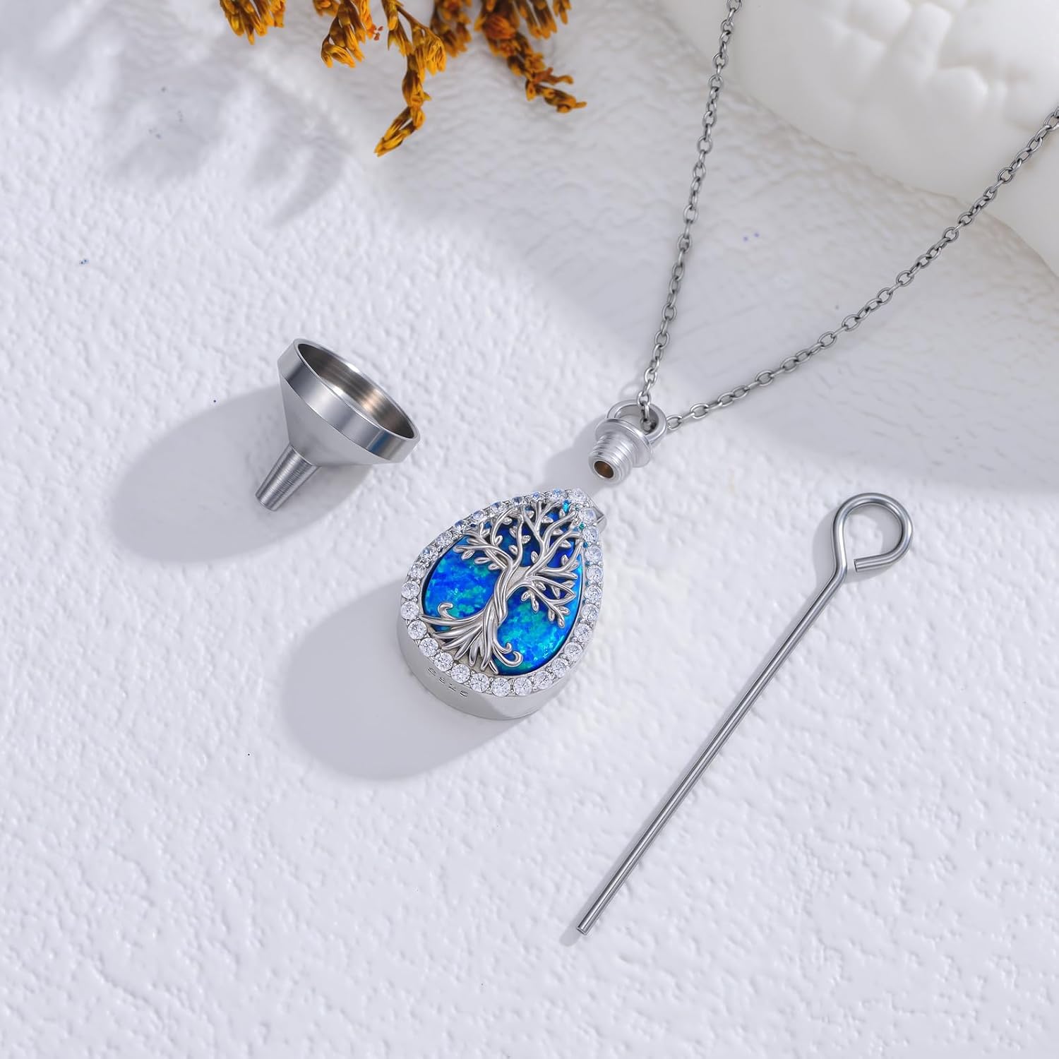 Blue Opal Tree of Life Urn Necklace for Women, 925 Sterling Silver Moissanite Tree of Life Urn Necklace, Teardrop-shaped Urn Necklace, Memory Of Loved Ones Family Pets