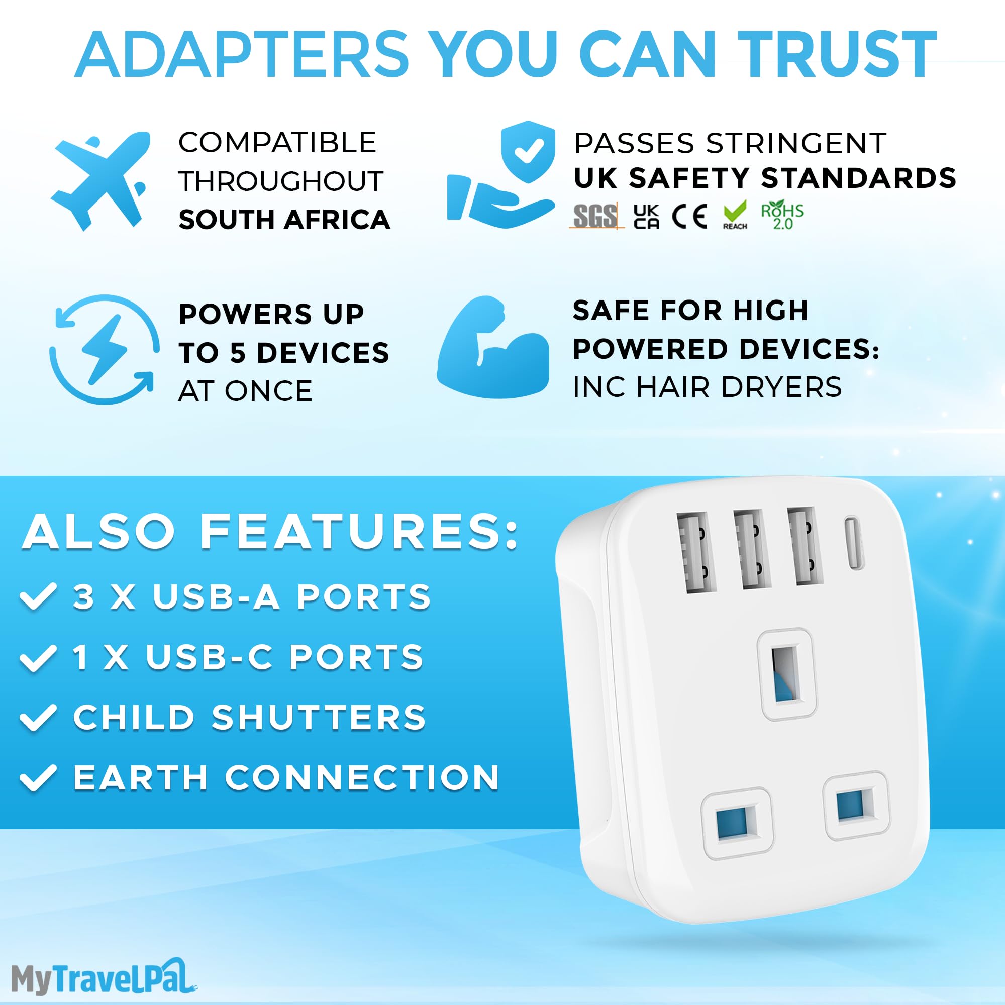 UK To South Africa Plug Adapter with USB C, White - Image 3