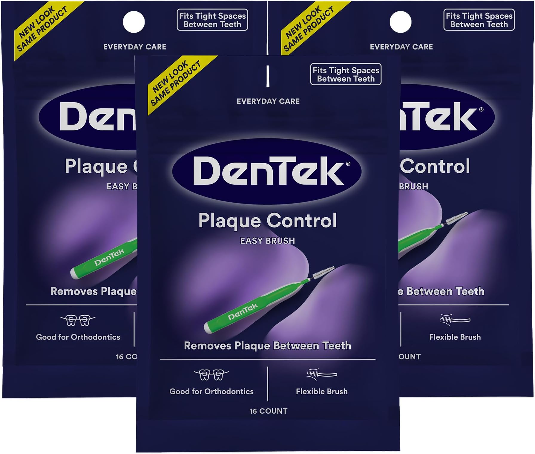 Plaque Control, Interdental Brushes for Cleaning Between Teeth, Safe for Braces & Dental Work, 16 Count, Pack of 3