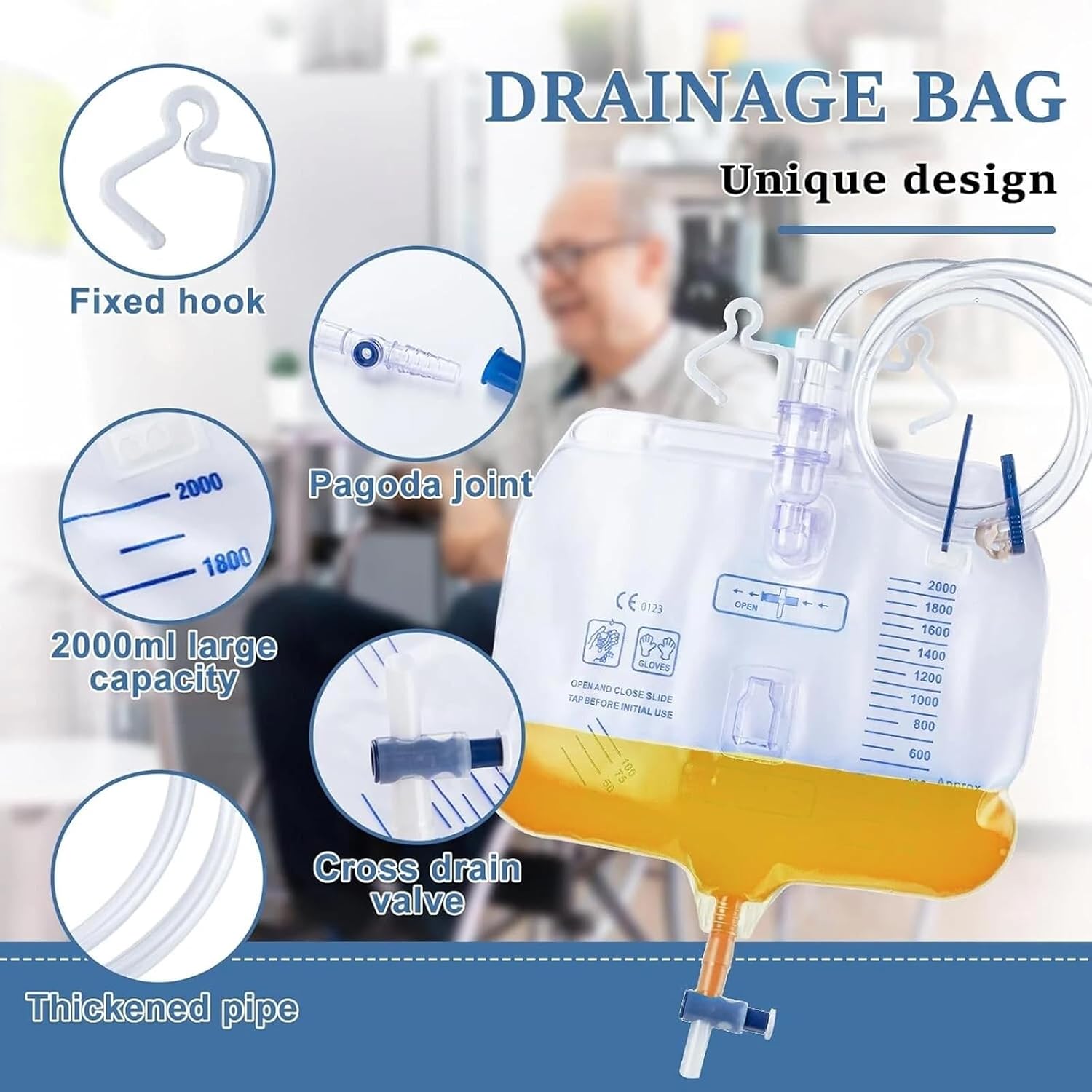 2000ml Urine Drainage Bag, Leak-Proof and Reflux-Proof Catheter Bag with 48-Inch Thickened Drainage Tube, Adjustable Clip and Hook, Suitable for Men and Women (5 Pack)