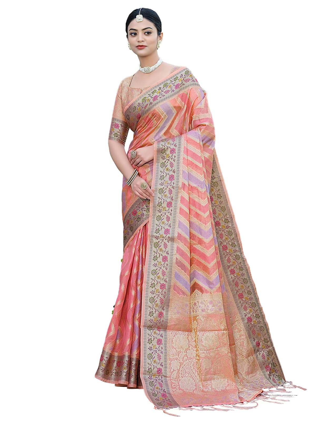 SIRIL Women's Banarasi Jacquard, Tassel Organza Saree with Unstitched Blouse