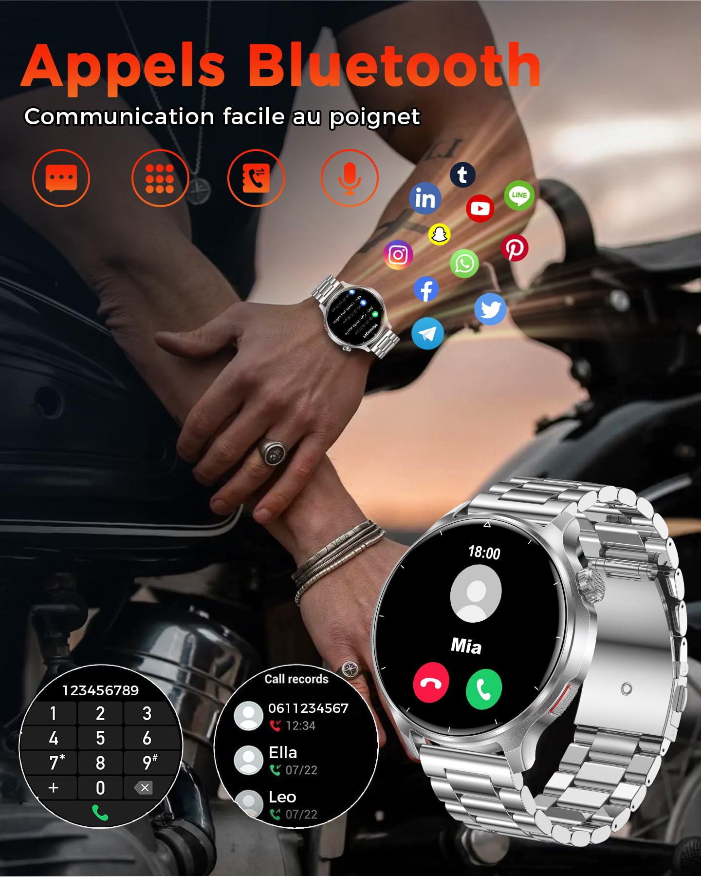 Montre Connectée Homme 1,52", Batterie 1000 mAh, Appels Bluetooth | Fréquence Cardiaque, SpO₂, Sommeil et Stress, 120+ Modes Sport, Podomètre, IP68 Étanche, Android iOS, Deux Bracelets, Argent