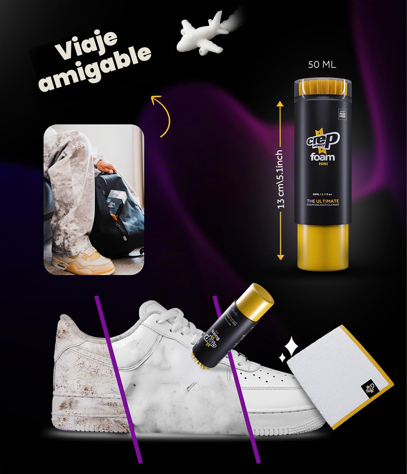 Crep Protect Foam Mini Limpiador de Zapatillas - Espuma Limpiadora para Sneakers con Cepillo Integrado y Paño de Microfibra - Limpieza Rápida Tamaño Viaje