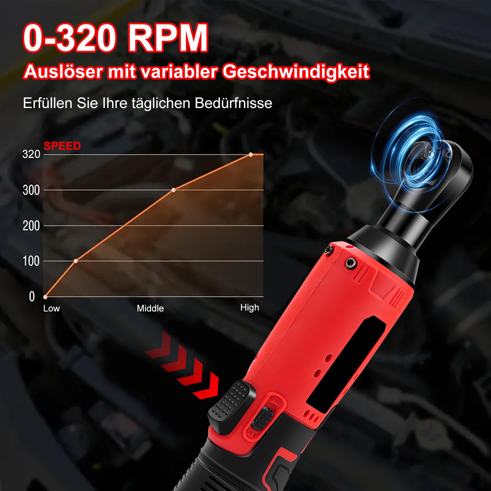Akku Ratsche 3/8 Zoll, 12V 35N.m Elektrische Ratschenschlüssel mit 7 Steckdosen, 0-320RPM 2x1,5Ah Batterien & Schnellladung, LED-Licht, Akku Ratschenschrauber für Autos, Möbel