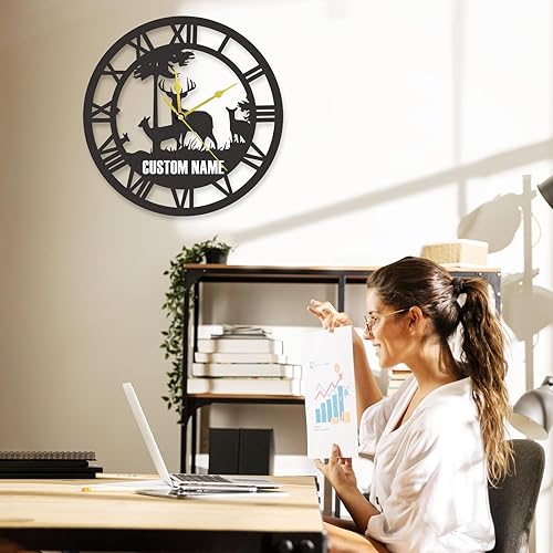 Miniatura 4 de Reloj de pared personalizado con diseño de ciervo de cabaña, reloj de pared rústico de granja, sin tictac, funciona con pilas, relojes de pared