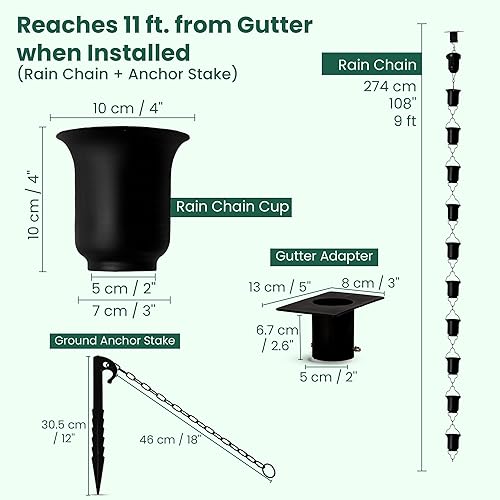 Miniatura 5 de OUT ESSENTIALS - Cadena de lluvia negra de 11 pies con estaca de anclaje y adaptador de canalón, cadenas de lluvia para canaletas para lluvia