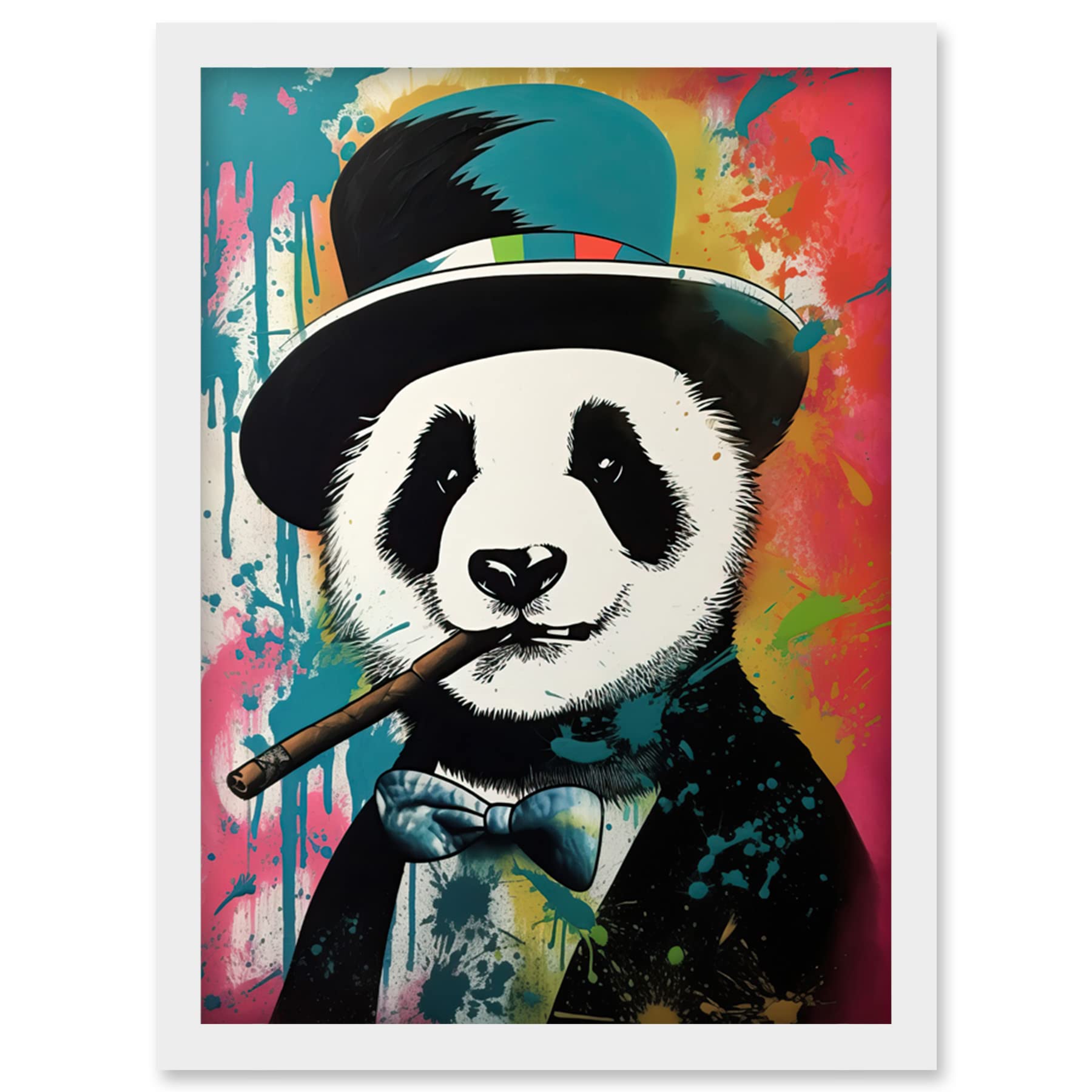 Artery8 Panda Bear Wearing Blue Top Hat Suit Smoking Cigar Artwork Framed Wall Art Print A4
