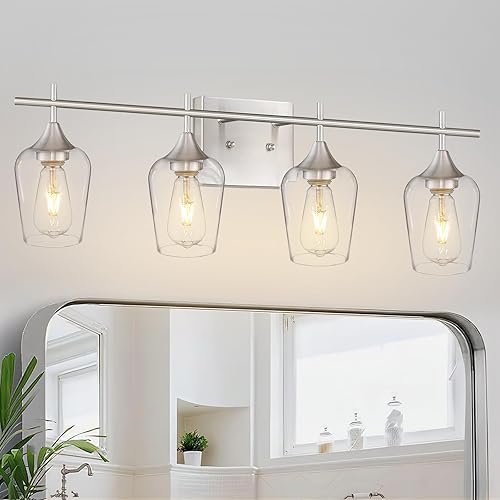 Miniatura 2 de WL9167-4C - Lámparas de tocador de baño de 4 luces sobre espejo, luces de tocador de níquel cepillado de 24 pulgadas con vidrio transparente,